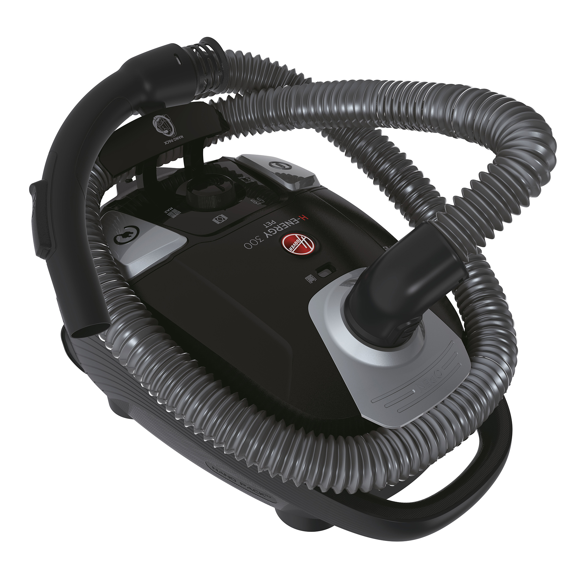Czarny odkurzacz z wężem, srebrne akcenty, białe tło.