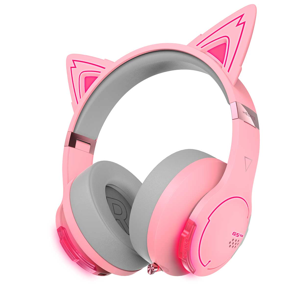 Auriculares rosas con orejas de gato, copas grises y un panel de control rosa.