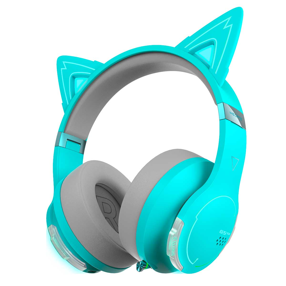 Una cuffia da gaming turchese con orecchie da gatto. Su sfondo bianco e con archetto grigio.