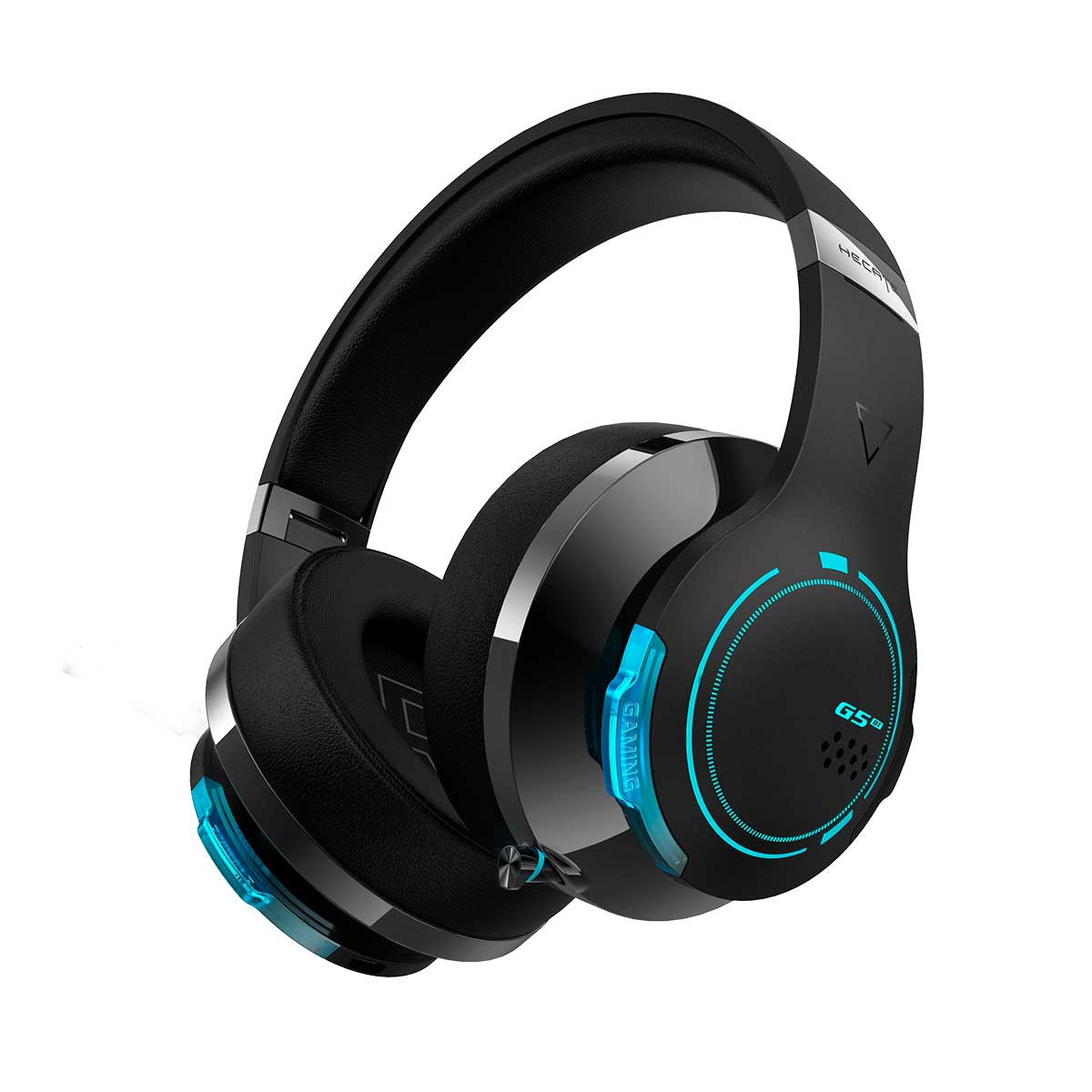 Cuffie da gioco nere e blu. Dettagli blu, padiglioni visibili.
