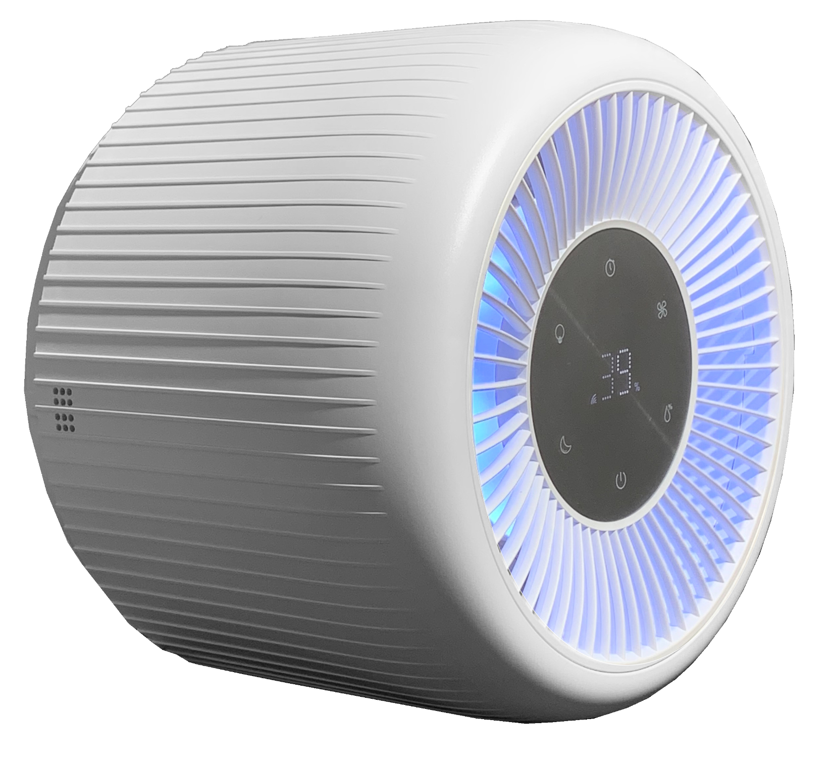 Weißer Luftreiniger mit zylindrischem Körper und blau beleuchtetem Ventilator, mit Digitalanzeige.