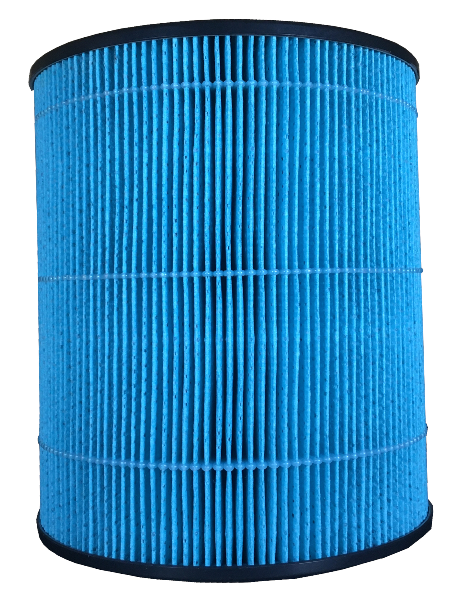 Blauer Luftfilter mit schwarzem Zierrat.