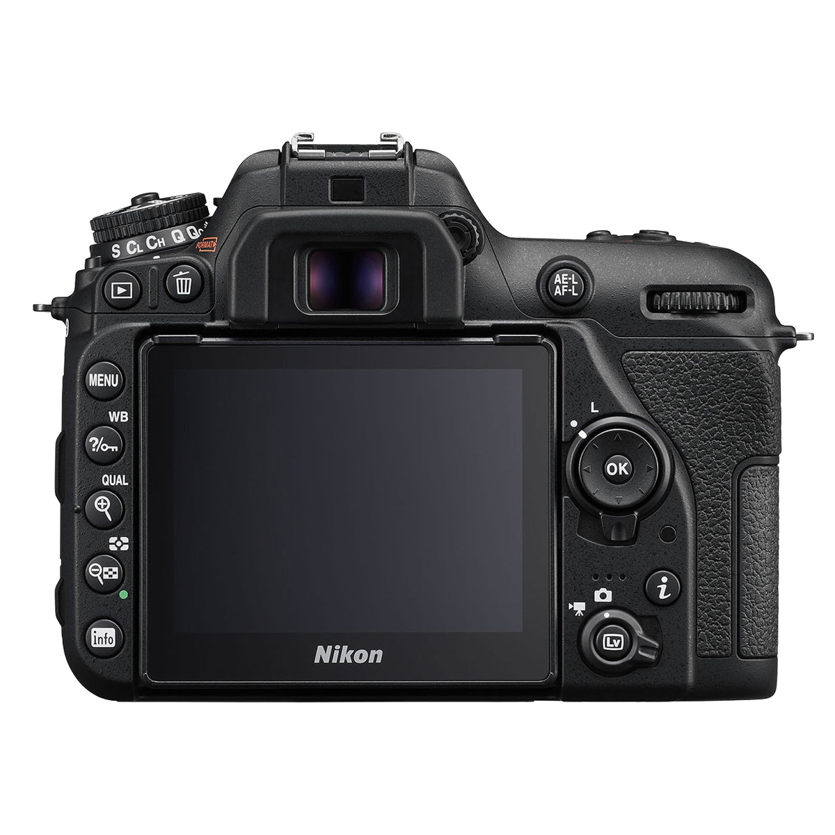 Eine Nikon DSLR-Kamera, Rückansicht, mit Bildschirm, Knöpfen und Rädern. Das Nikon-Logo ist sichtbar.