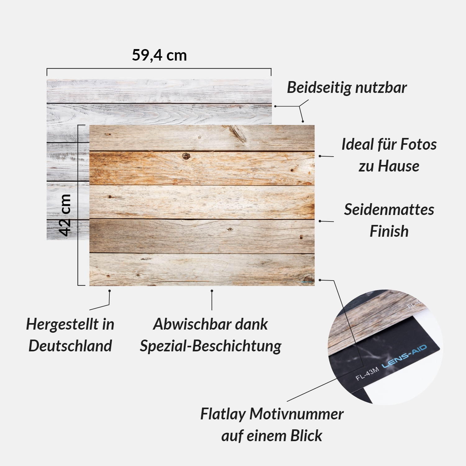 Ein Holz-Flatlay mit Text und einem kleinen kreisförmigen Detail. Es hat ein helles Holzmaserungsmuster.