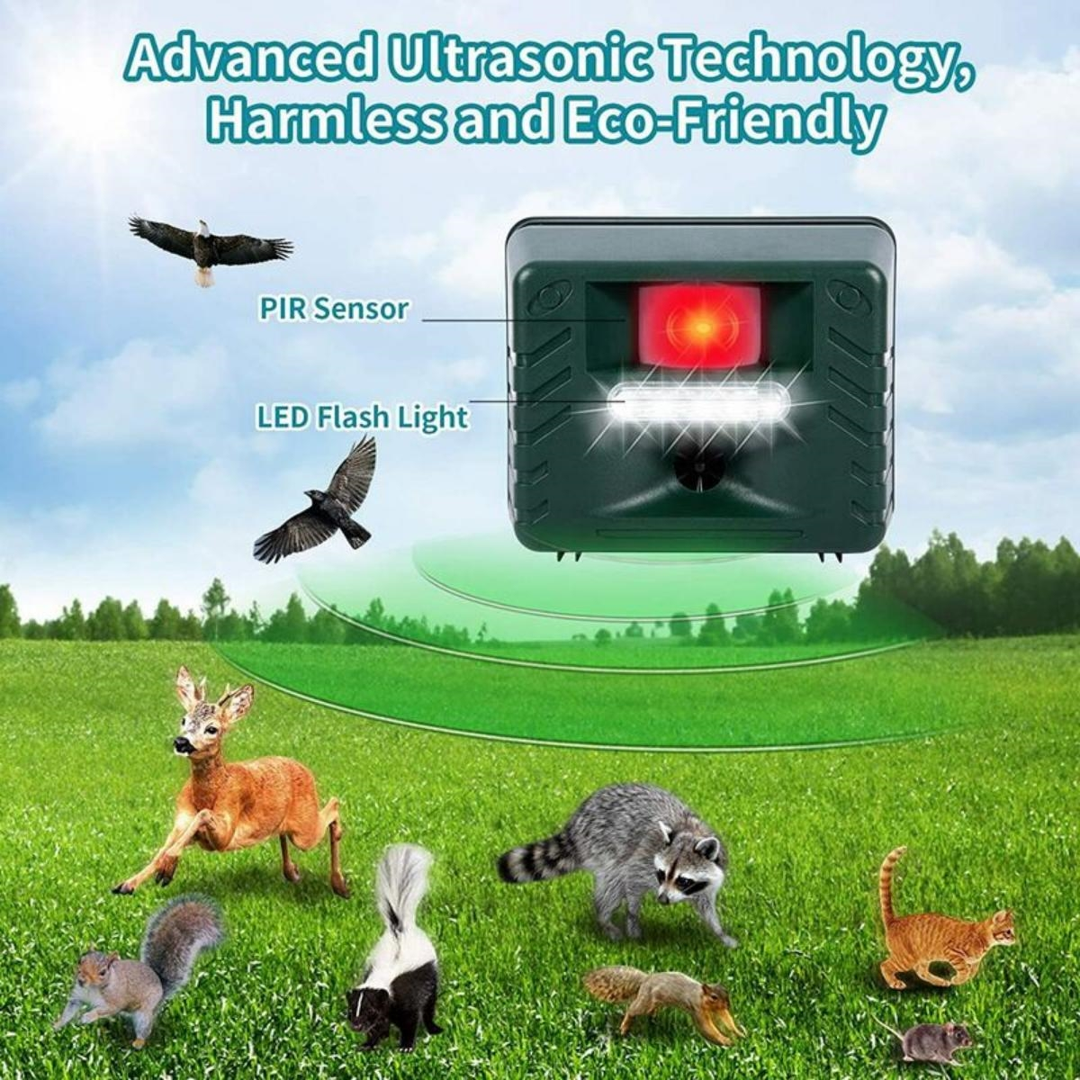 Grüner elektronischer Schädlingsbekämpfer mit Tieren im Gras, darunter Hirsche, Eichhörnchen und Waschbären.