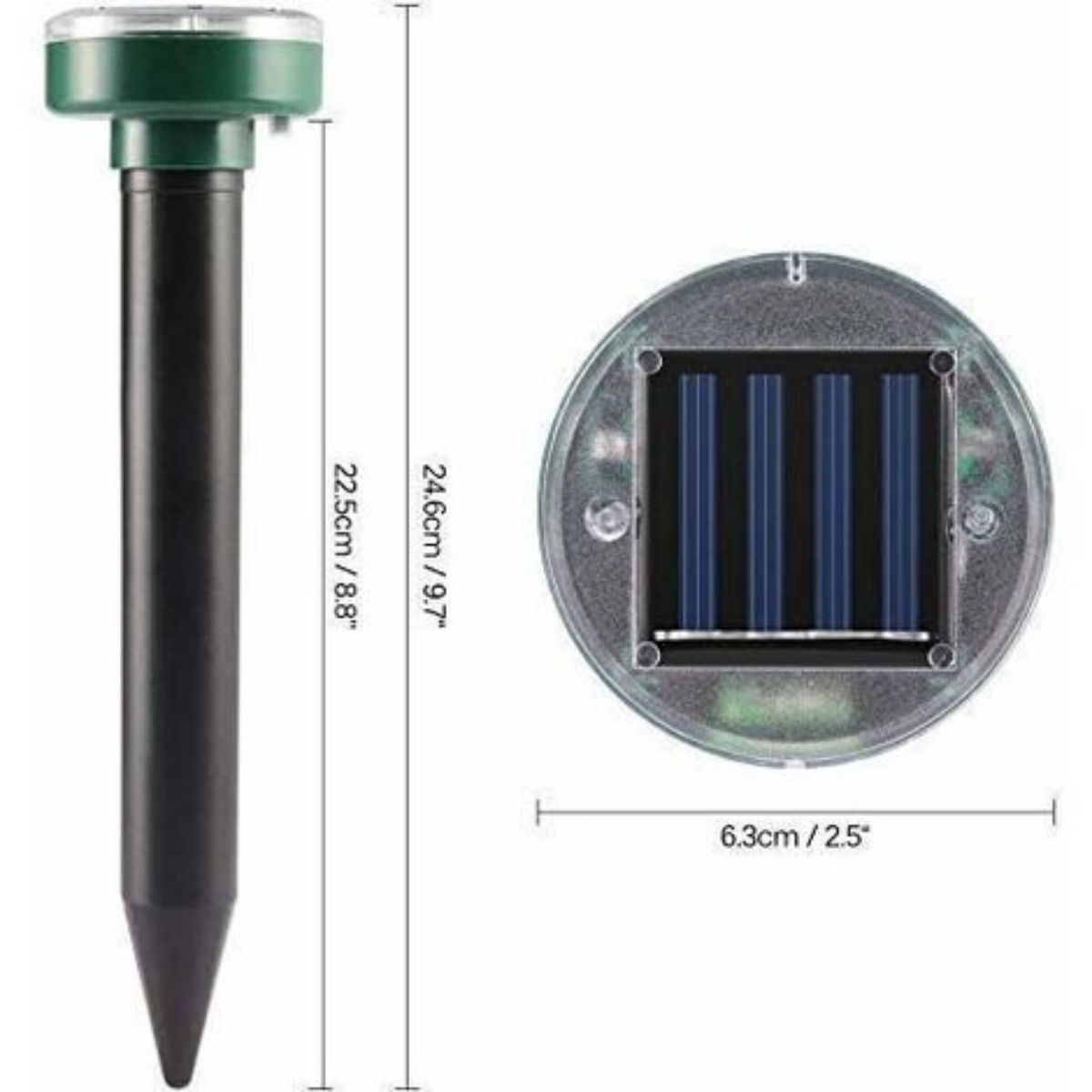 Ein Maulwurfabwehrgerät. Es hat einen grünen Kopf, einen schwarzen Körper und ein Solarpanel oben.