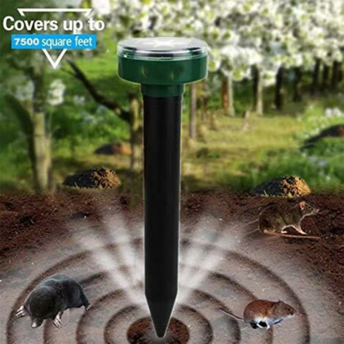 Schädlingsbekämpfer mit Dorn, in einer Gartenszene. Behauptet, bis zu 7500 Quadratfuß abzudecken.
