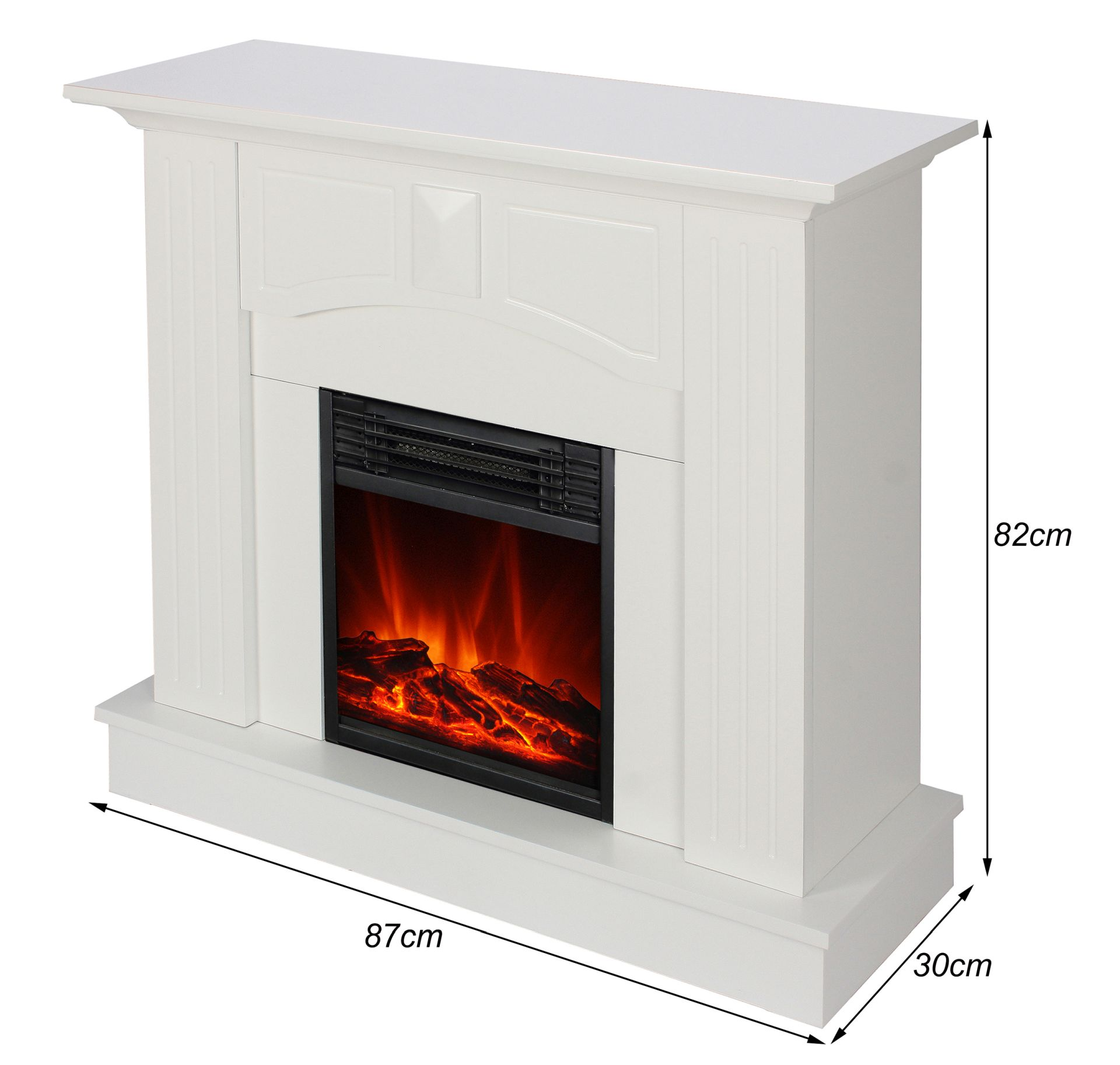 Ein weißer elektrischer Kamin mit den Maßen: 87 cm Breite, 82 cm Höhe und 30 cm Tiefe.