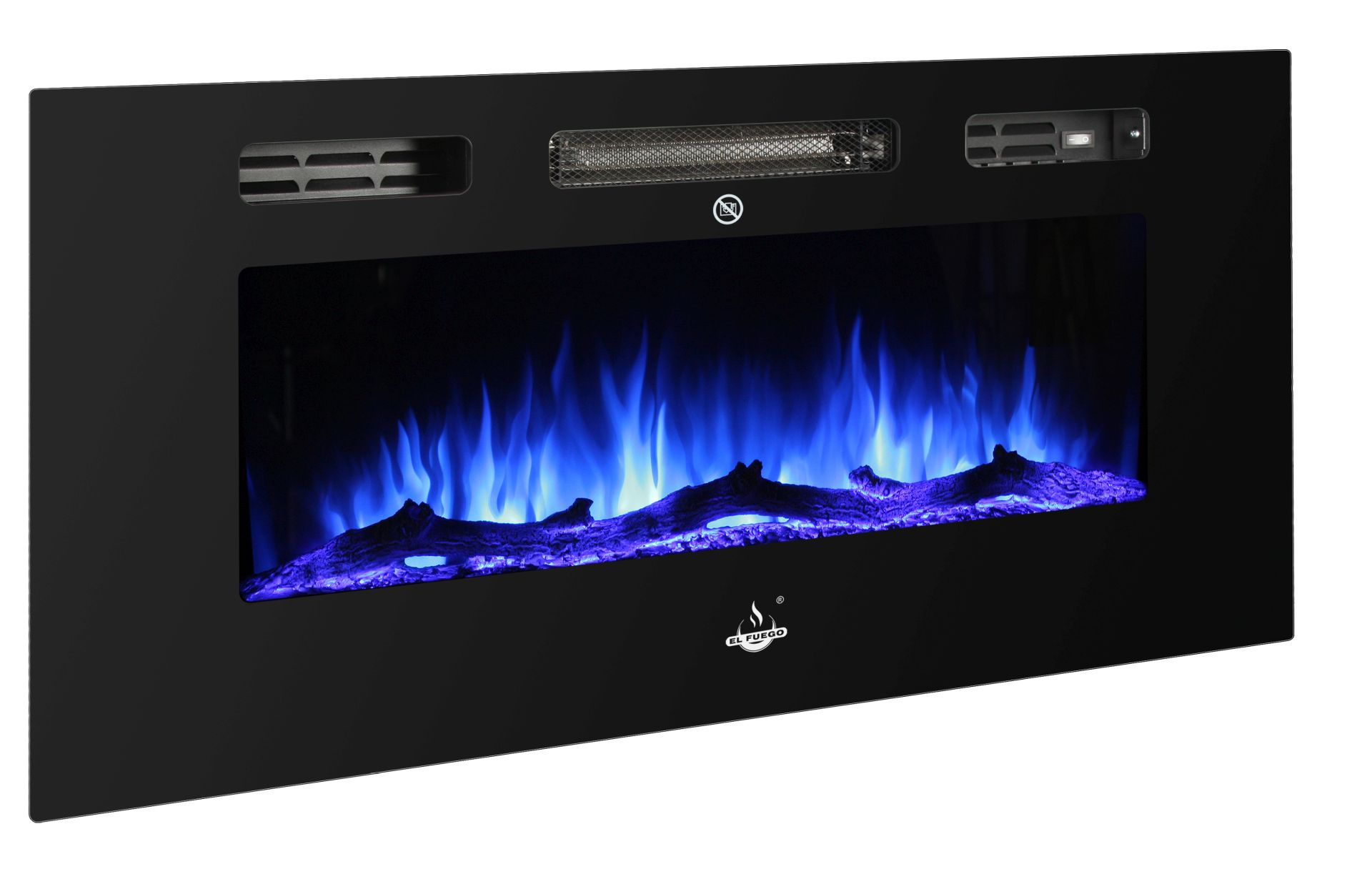 Schwarzer Elektrokamin mit blauem Flammeneffekt vor schwarzem Hintergrund. Marke El Fuego.