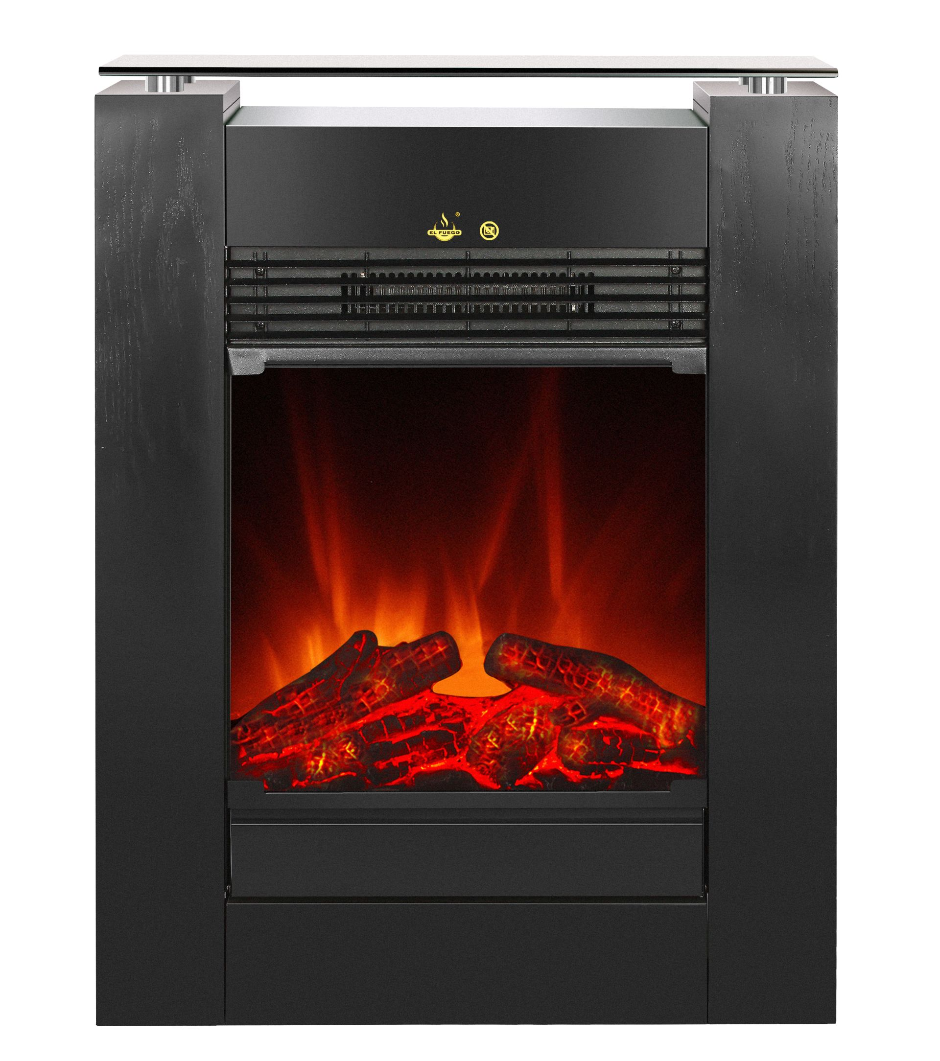 Schwarzer Elektrokamin mit rot glühenden Flammen und Holzscheiten.