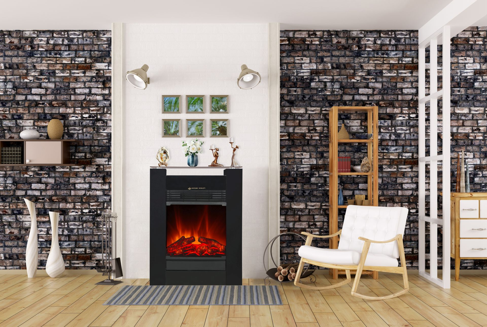 Wohnzimmer mit Kamin, Ziegelwänden, Schaukelstuhl und Dekoration. Es ist ein gemütliches Interieur.