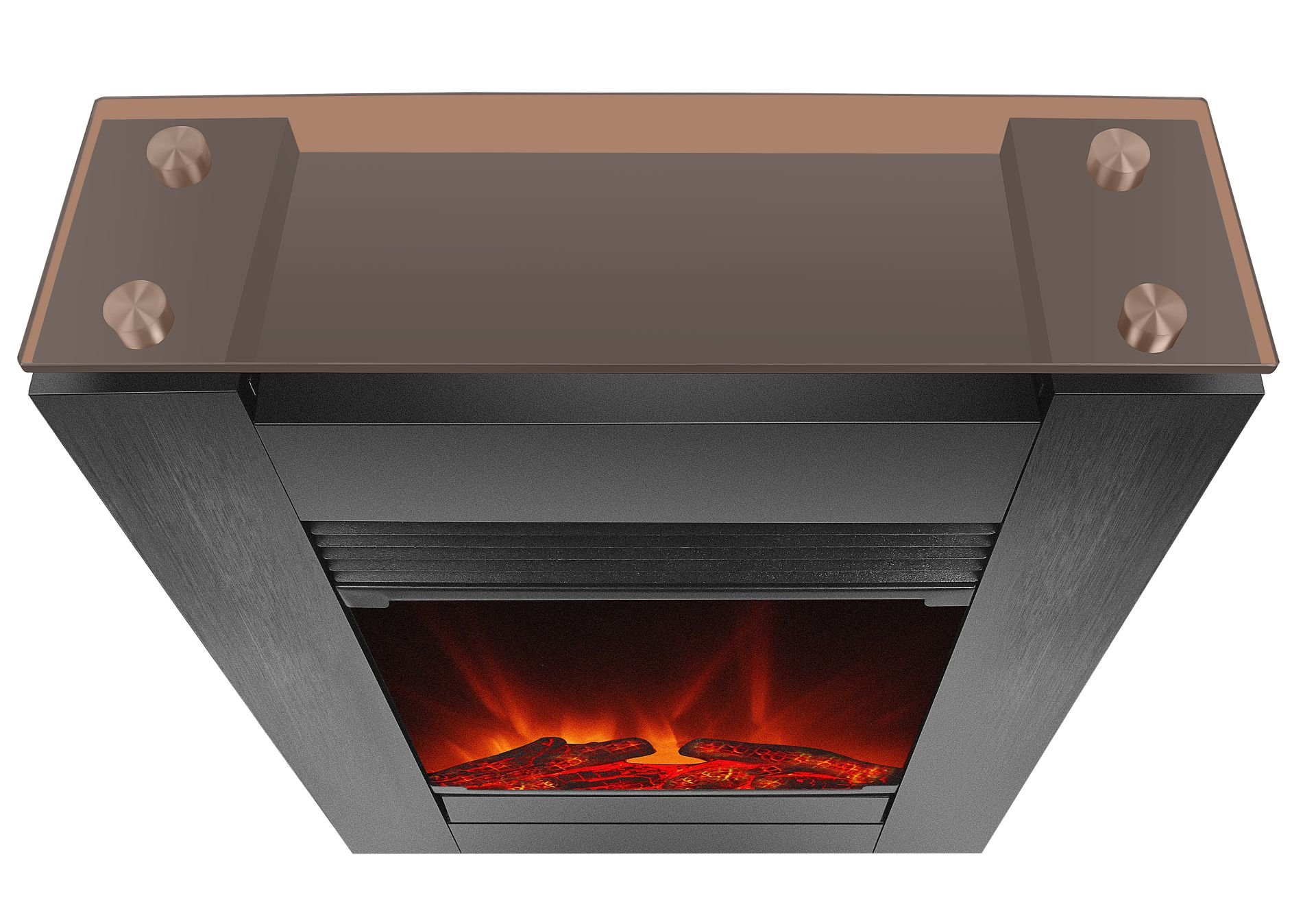 Kamin mit Glasplatte, schwarzem Rahmen und orangefarbenem Flammeneffekt. Draufsicht. Kupferelemente.
