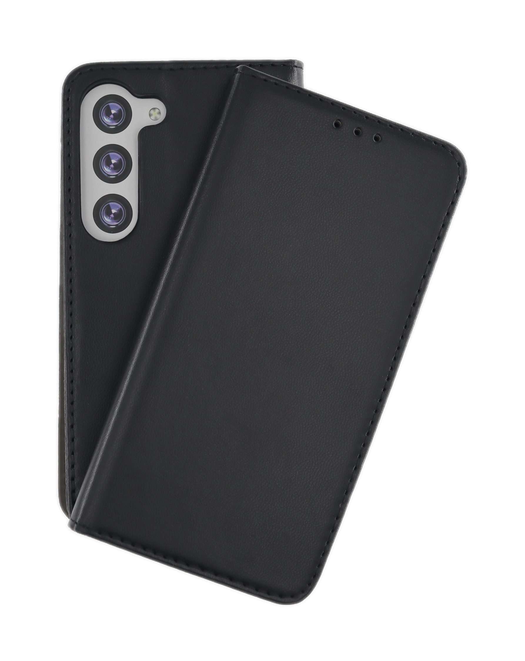Eine schwarze Handyhülle im Brieftaschenstil, mit sichtbarer Handykamera.