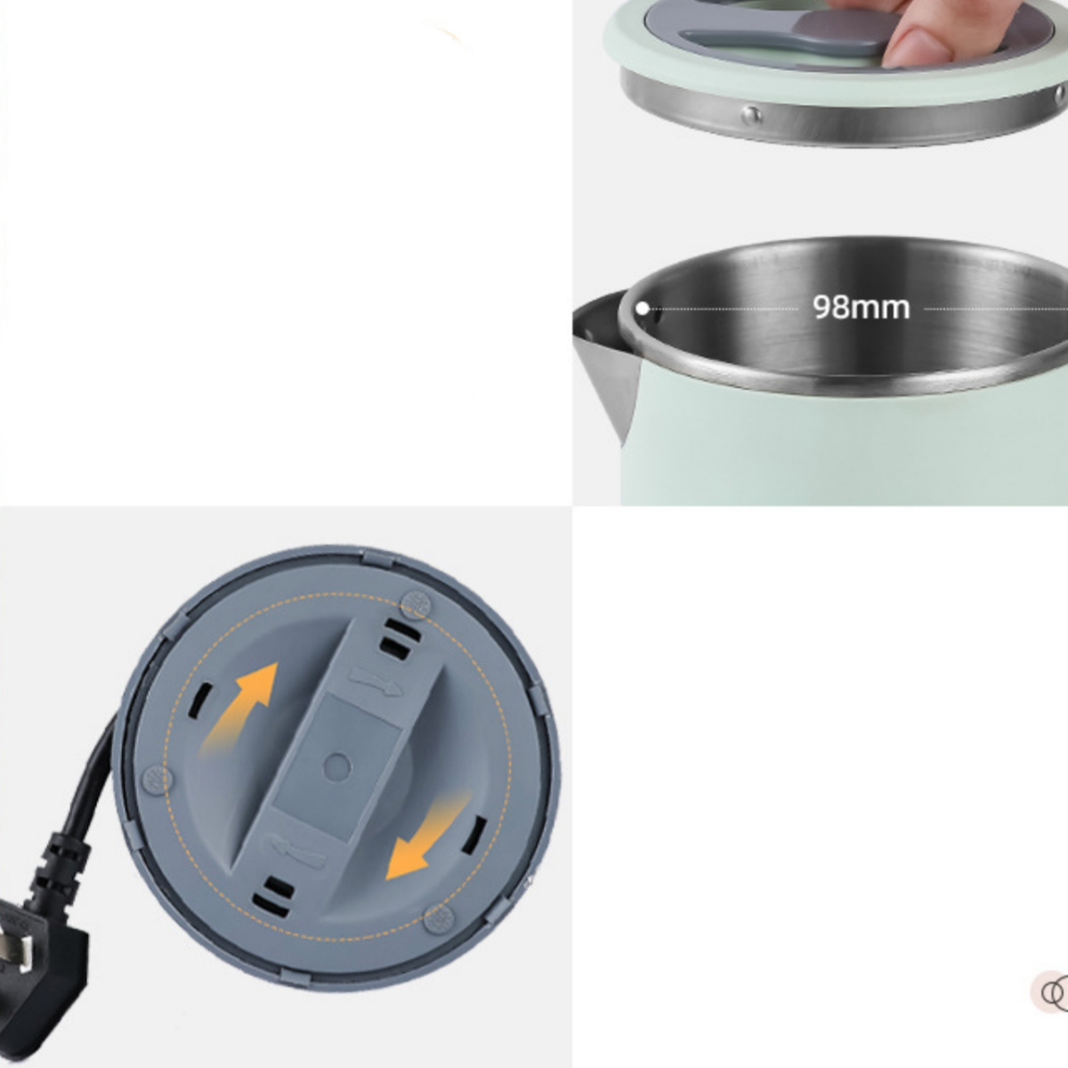 Nahaufnahme der Komponenten eines Wasserkochers: Deckel, Innenraum und Boden mit Netzkabel.
