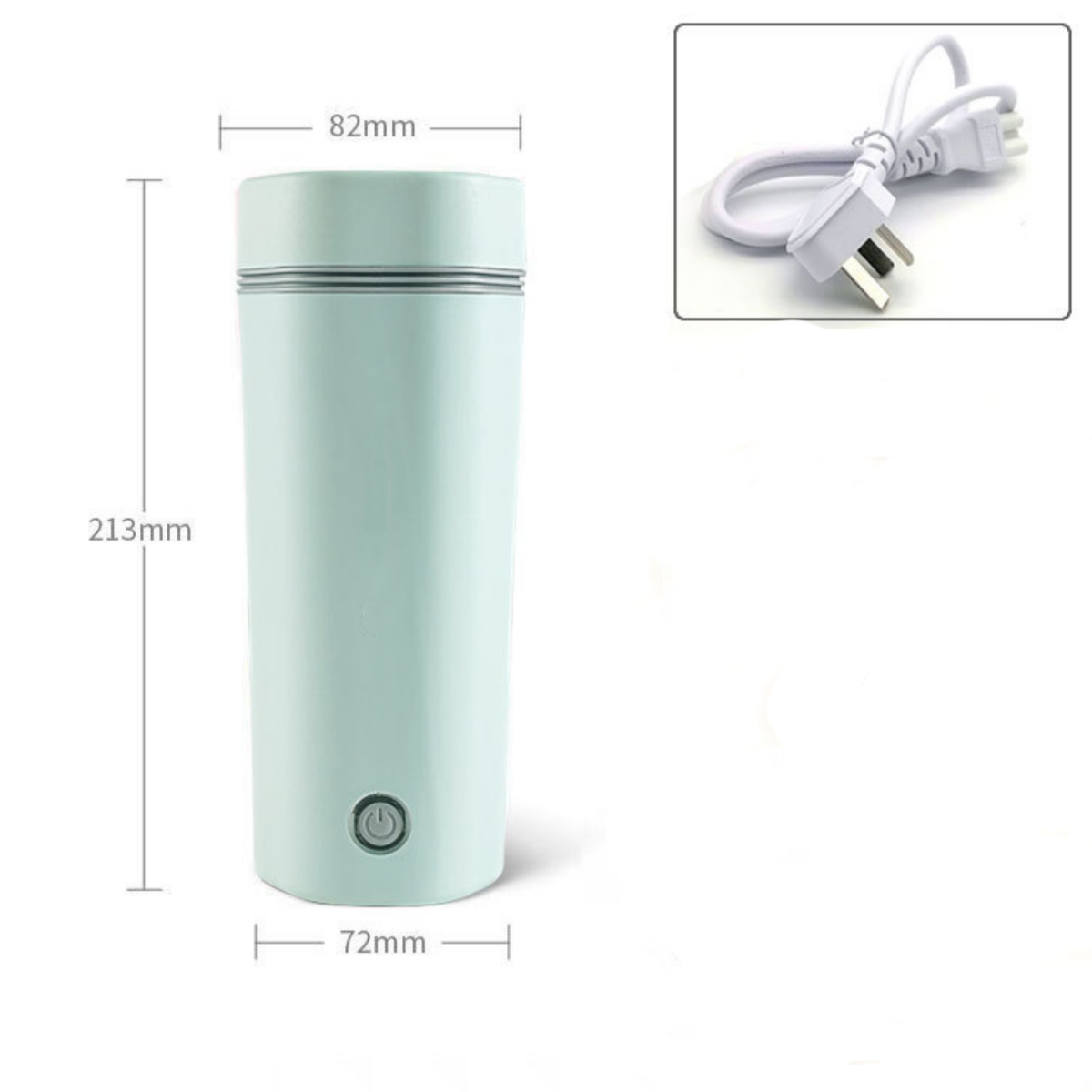 Ein hellblauer Reisebecher mit Abmessungen und Power-Taste. Ein weißes Netzkabel befindet sich in der Nähe.