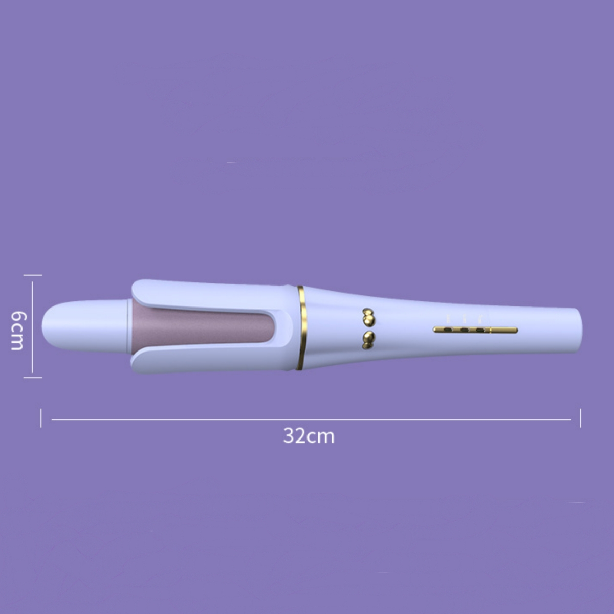 Ein weißes und rosa Lockenstab auf lila Hintergrund. Abmessungen sind 32 cm lang und 6 cm breit.