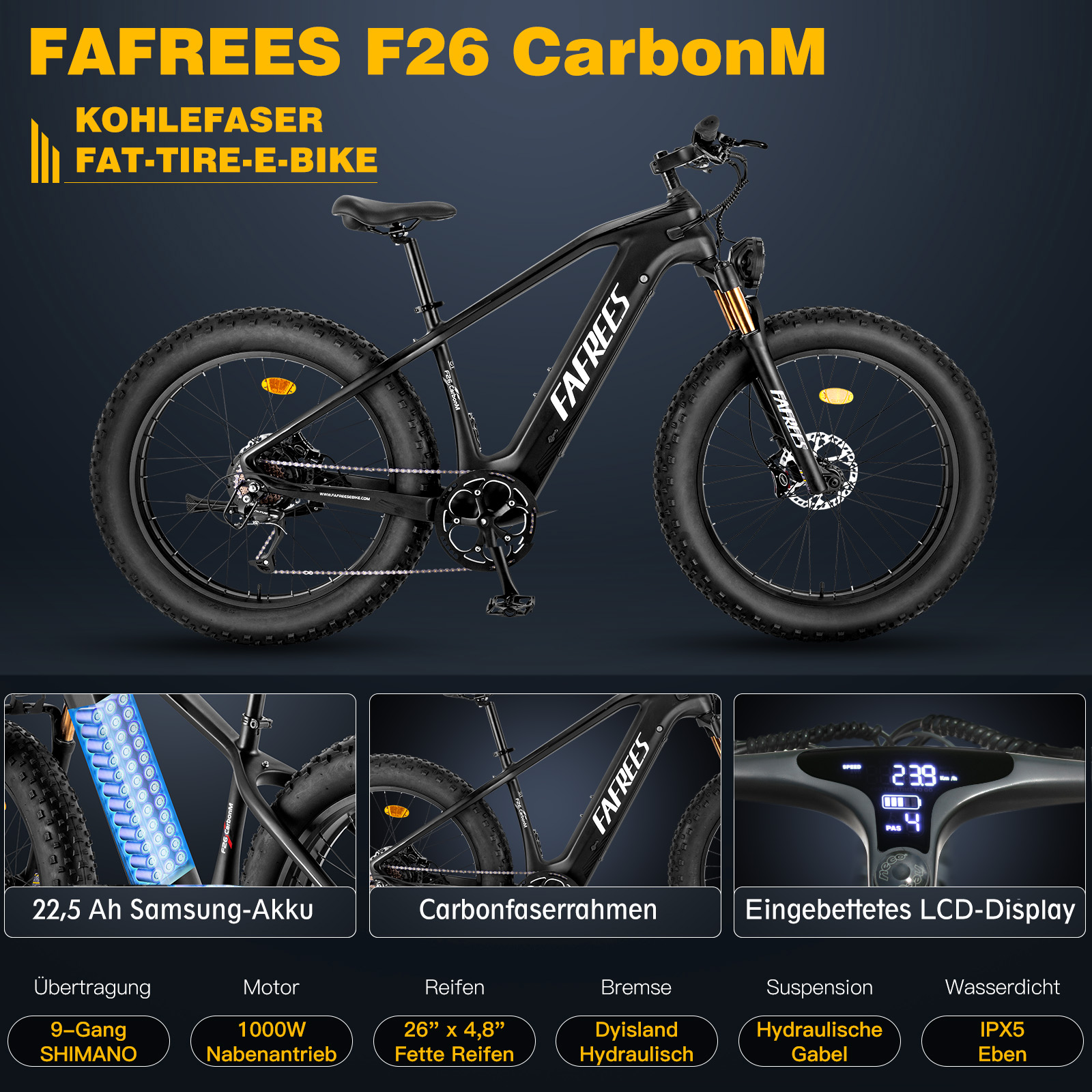 FAFREES F26 CarbonM E-bike Terrain (ATB) 26 (Laufradgröße: Schwarz) All Bike Unisex-Rad, Zoll