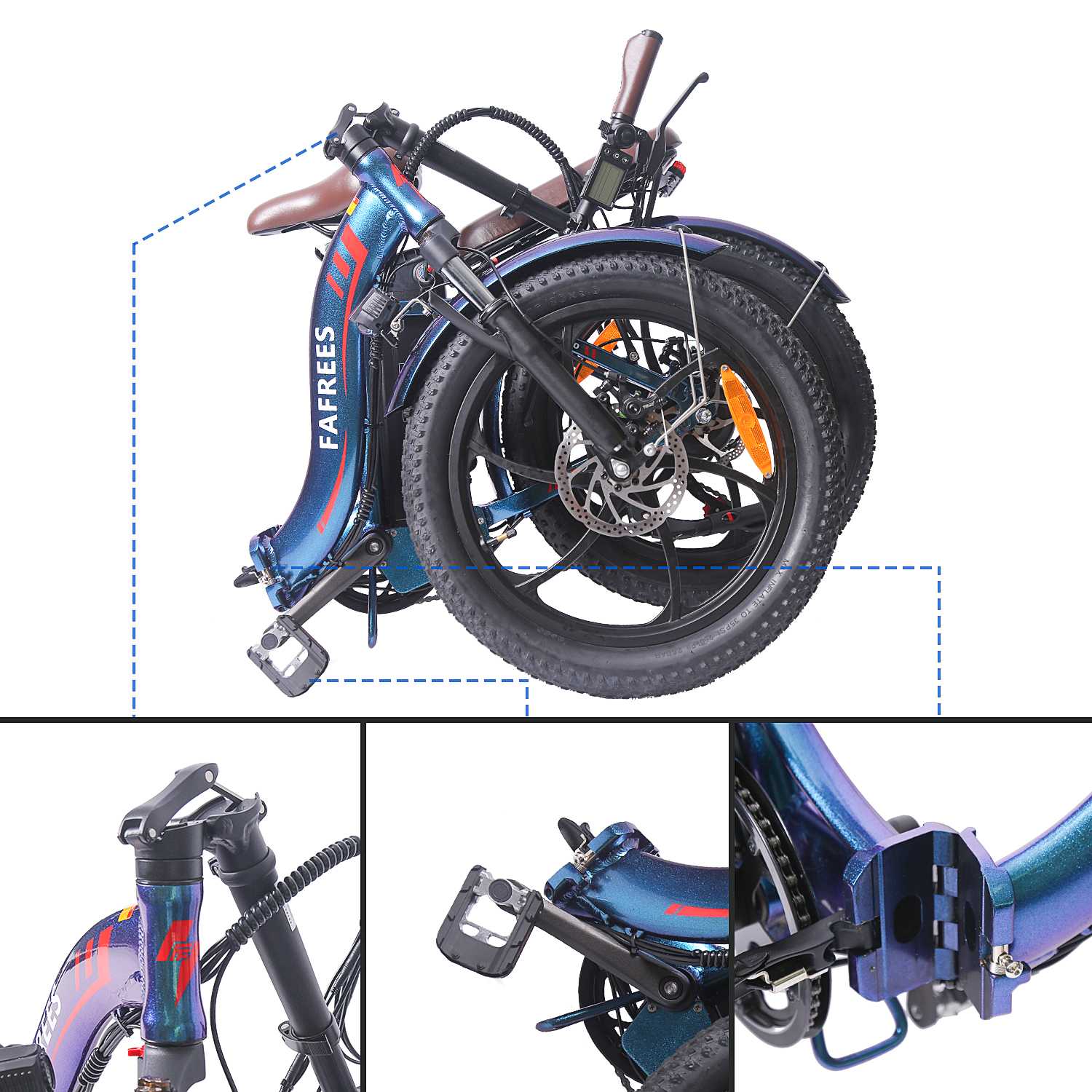Faltbares blaues Fahrrad vor weißem Hintergrund, Nahaufnahmen zeigen Faltmechanismus und andere Details.