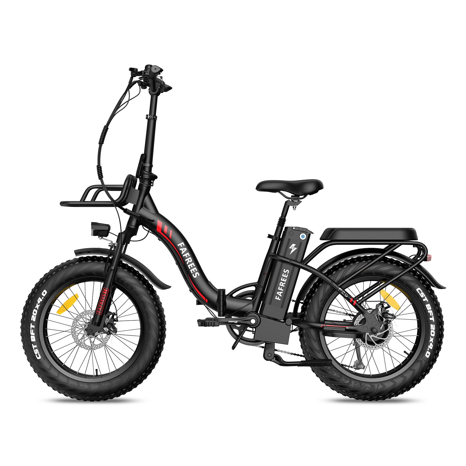 Schwarzes Elektrofahrrad mit großen Reifen. Es hat einen Frontkorb und einen Akku.