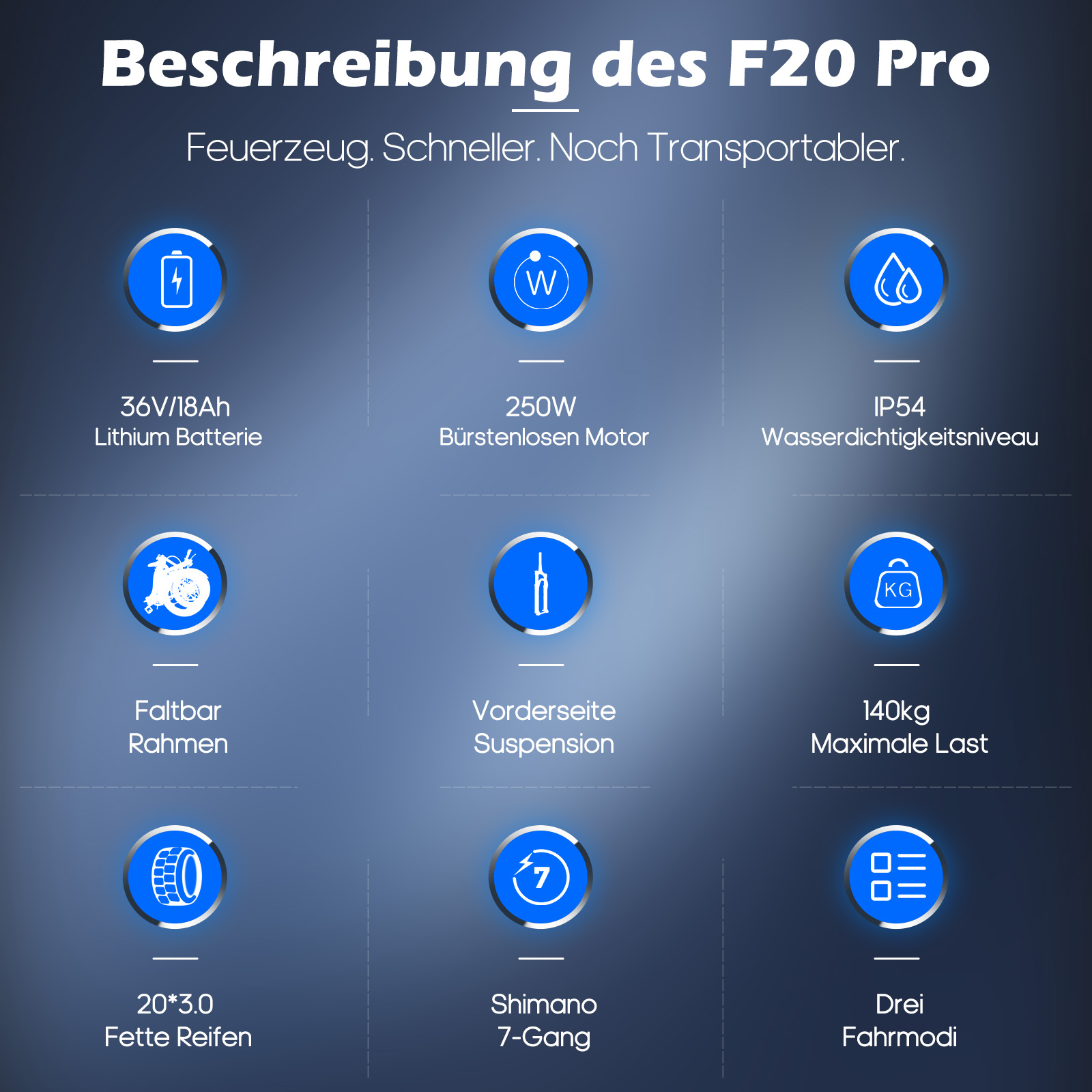 Infografik mit Symbolen und Text über ein F20 Pro. Elemente umfassen Akku, Motor und maximale Belastung.