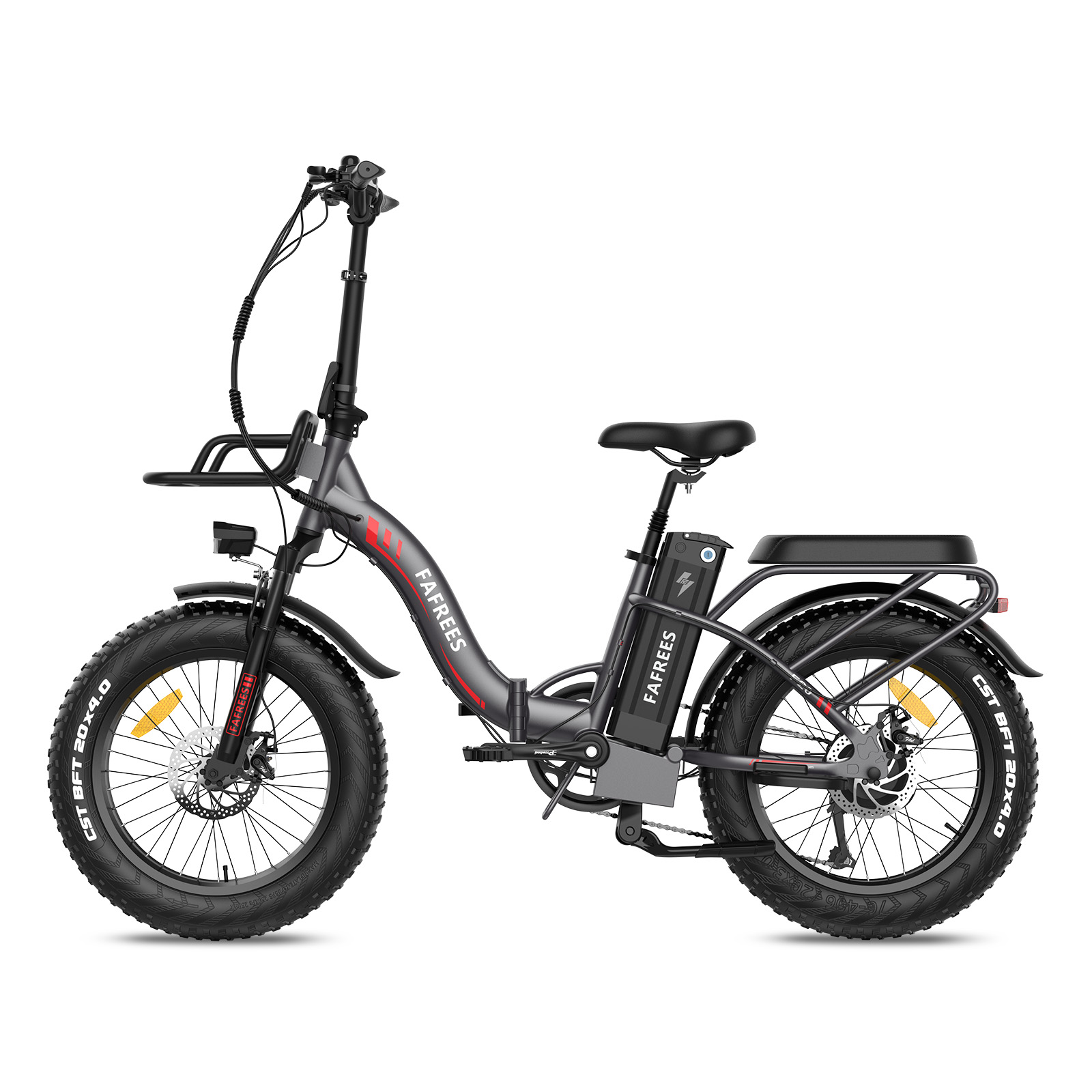 Ein Elektrofahrrad mit dicken Reifen, einem Gepäckträger und dem Markennamen 'FAFREES' auf weißem Hintergrund.