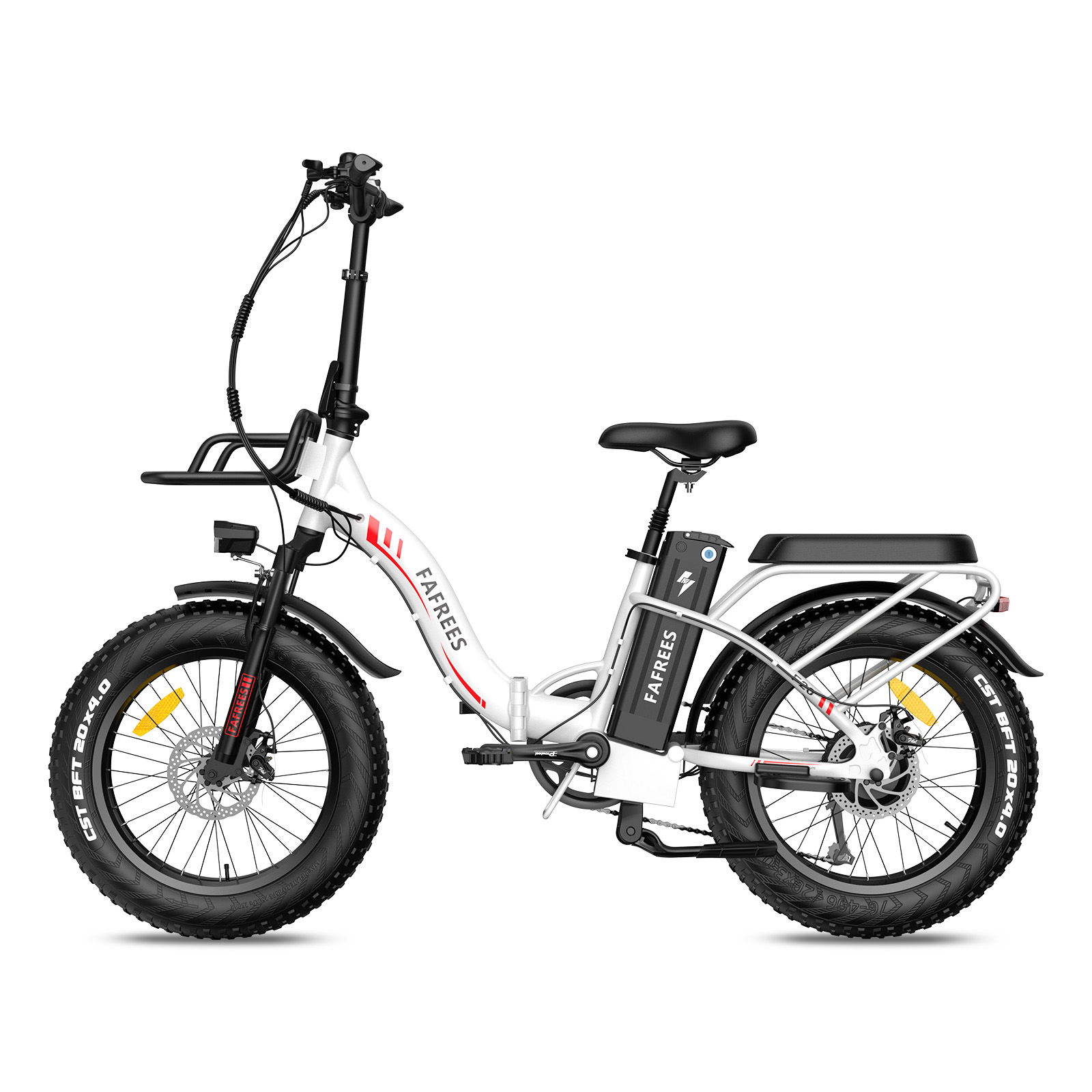 Weißes und rotes Elektrofahrrad mit FA FREES Logo, Frontkorb und schwarzen Reifen. Der Hintergrund ist weiß.