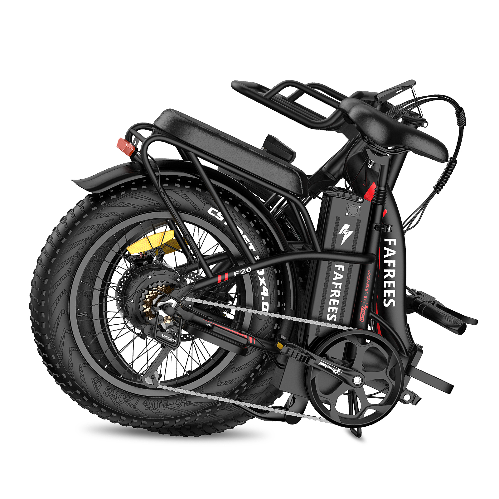 Schwarzes, zusammenklappbares Elektrofahrrad mit breiten Reifen. Das Fahrrad ist zusammengeklappt.