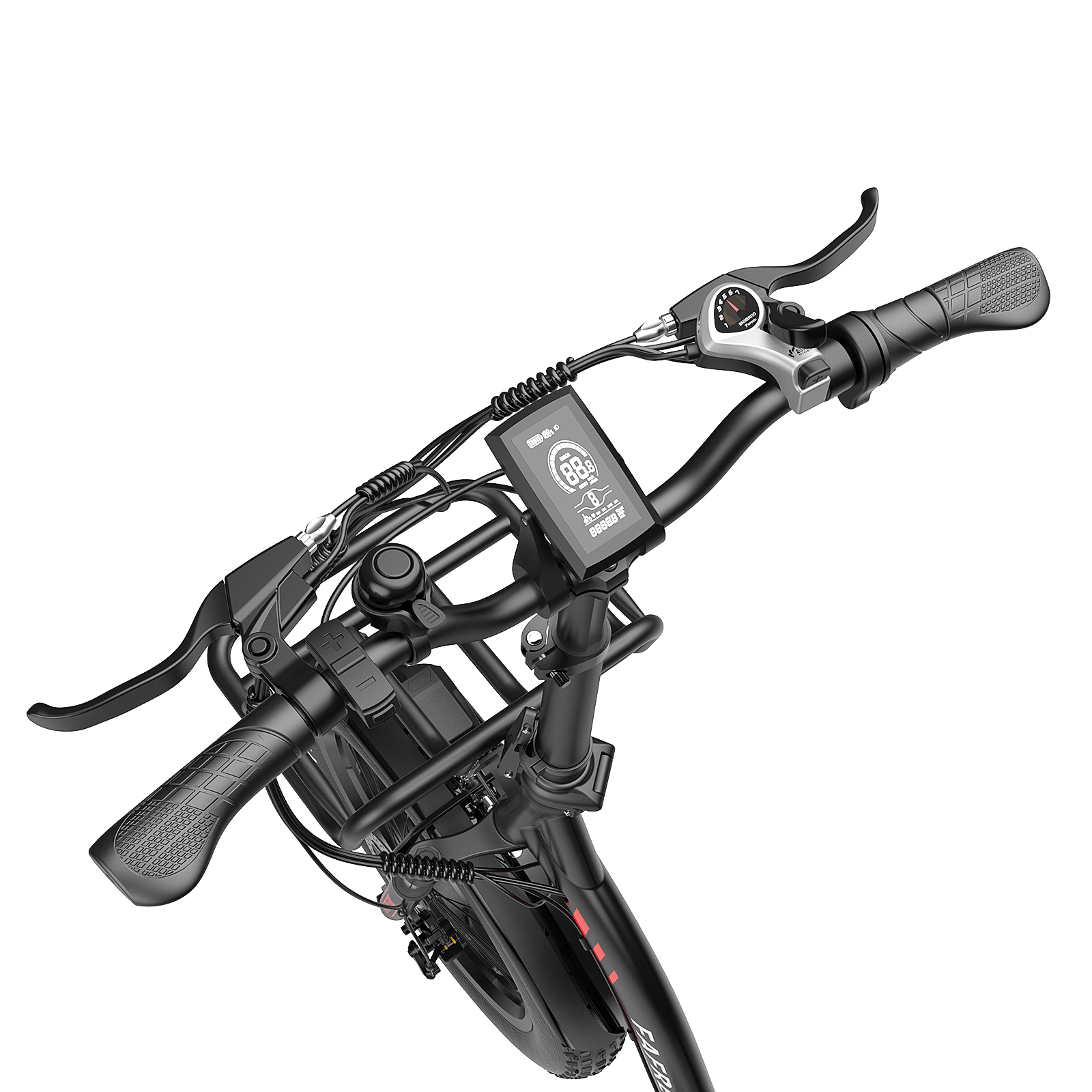 Nahaufnahme des Lenkers eines schwarzen E-Bikes. Zeigt Display, Hebel und Griffe.
