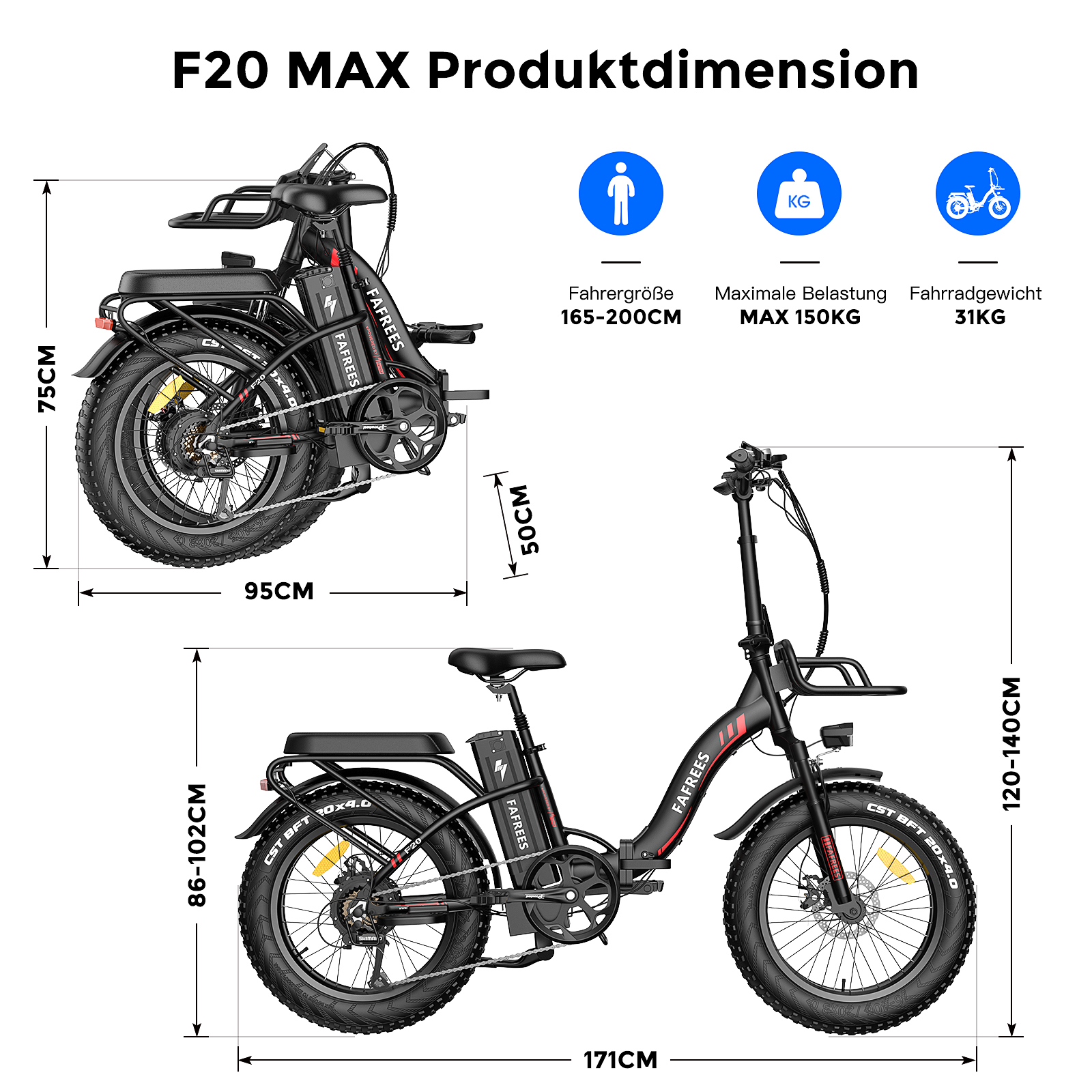 Diagramm eines schwarzen F20 MAX E-Bikes in zwei Positionen, gefaltet und entfaltet, mit Abmessungen.