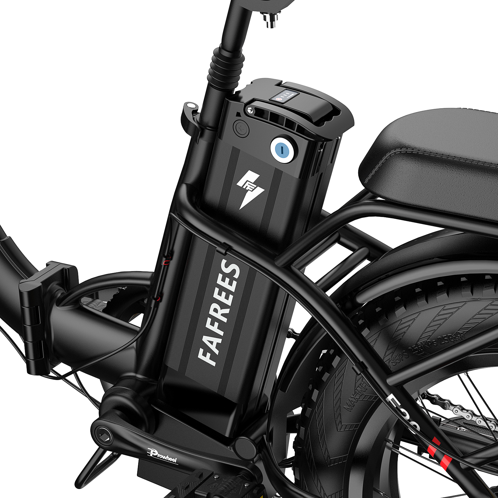 Nahaufnahme des Akkus und Rahmens eines E-Bikes. Der schwarze Akku hat das FA FREES Logo.