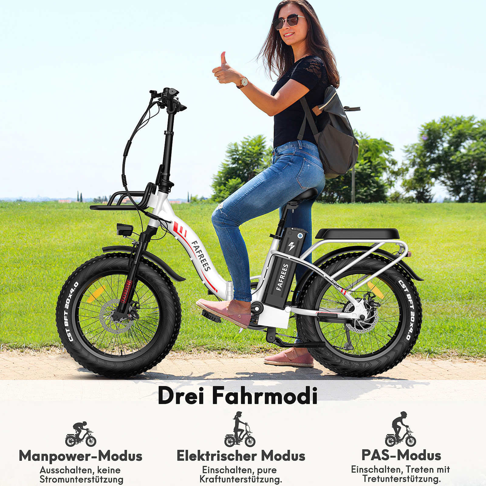 Frau auf weißem Elektrofahrrad, Daumen hoch. Text: "Drei Fahrmodi" und Modusbeschreibungen.