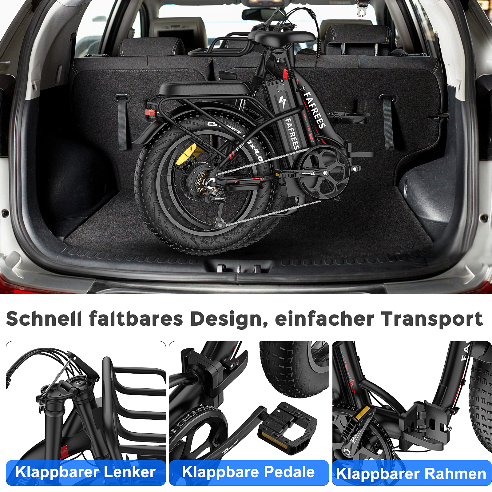 Gefaltetes schwarzes Fahrrad im Kofferraum, Nahaufnahmen von Funktionen.