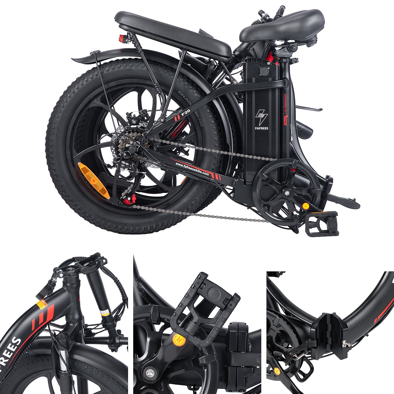 Schwarzes Elektrofahrrad mit Details der Räder und anderer Teile.