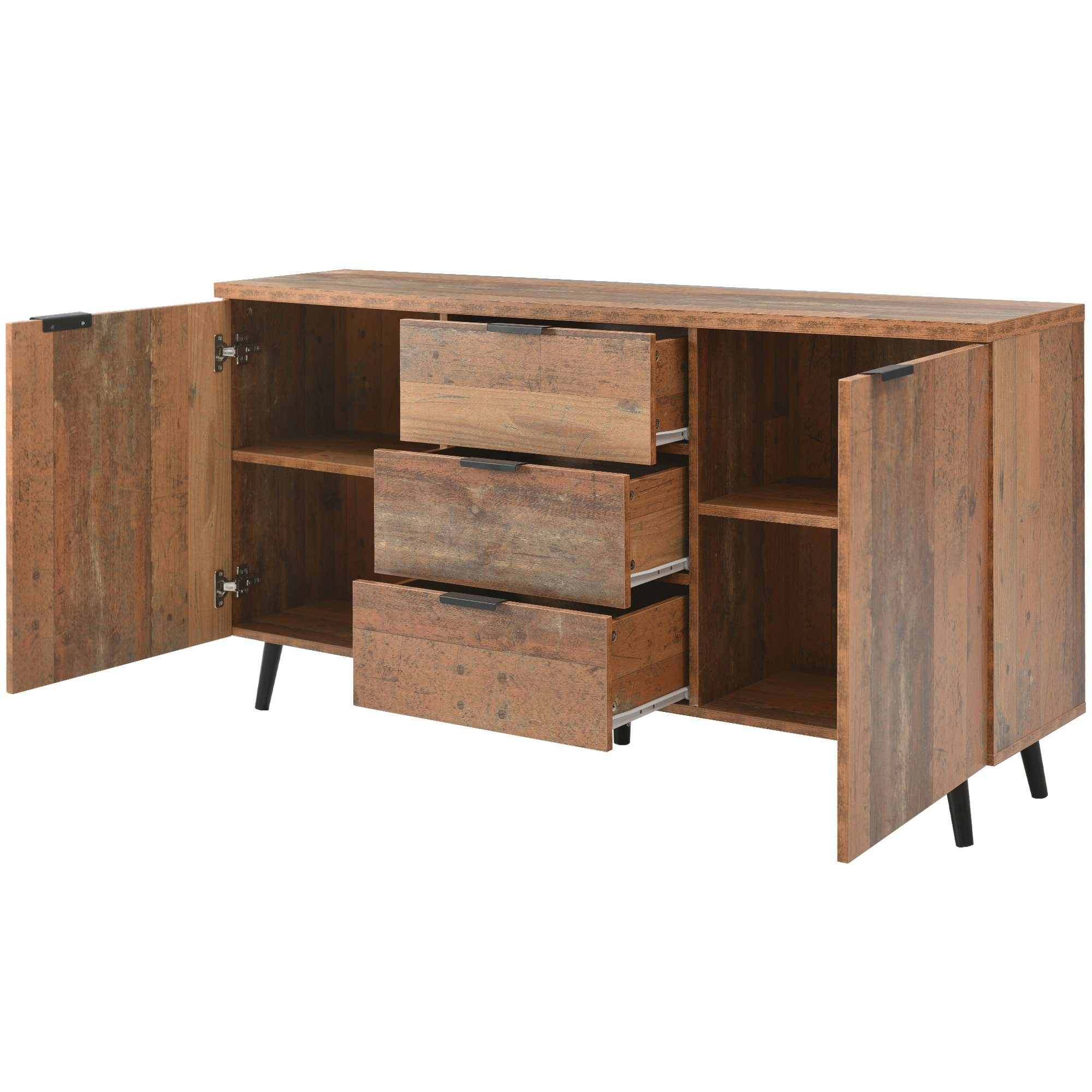 Ein hölzernes Sideboard mit offenen Türen und Schubladen. Die Innenregale sind sichtbar. Das Holz hat einen rustikalen Look.