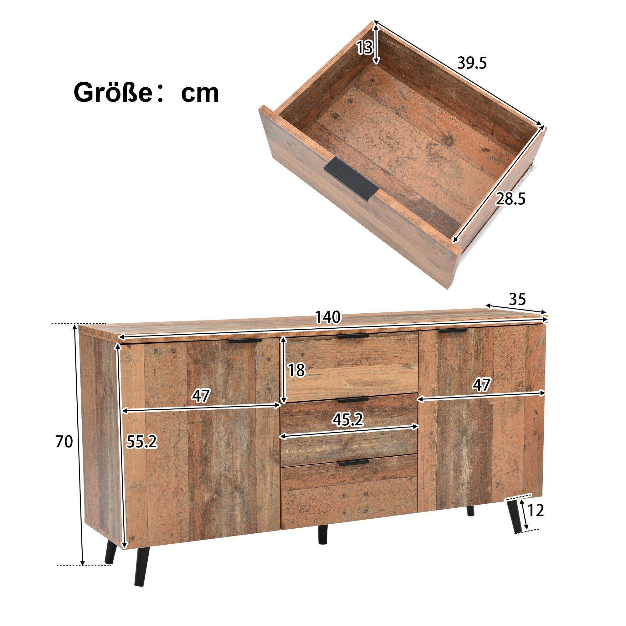 Holz-Sideboard mit Abmessungen, einschließlich Schubladen und Türen, schwarze Beine.