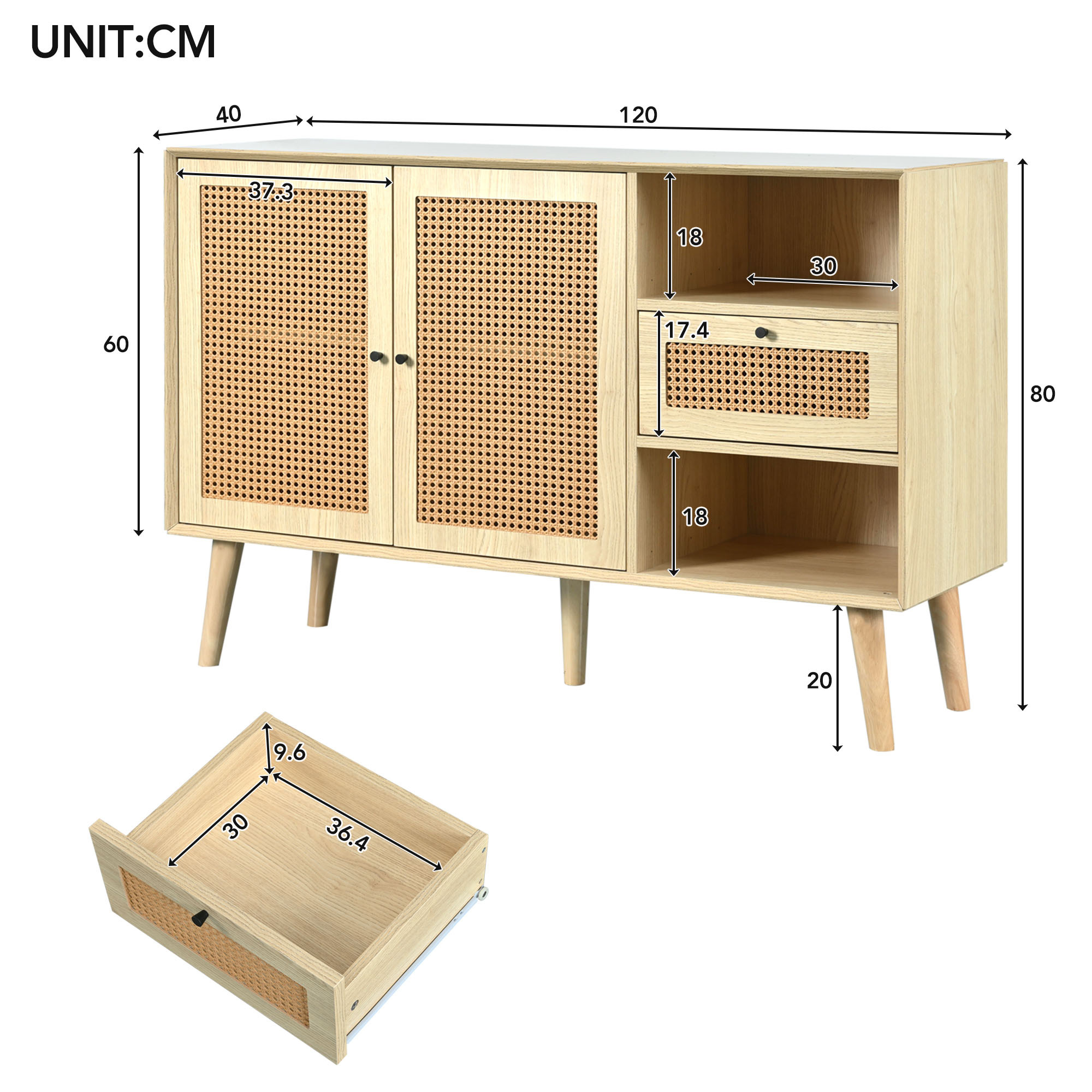 Holzschrank mit zwei Rattantüren, einer Schublade und offenem Regal. Abmessungen sind angegeben.