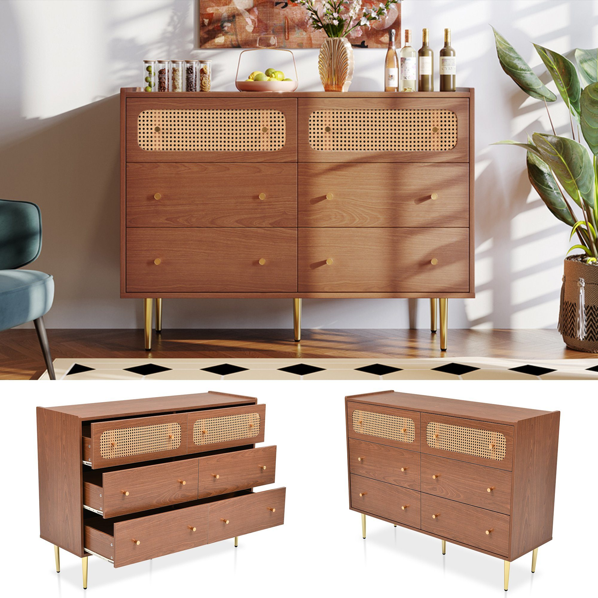 Eine braune Holzkommode mit sechs Schubladen und einem gewebten Design auf den oberen Schubladen wird gezeigt.