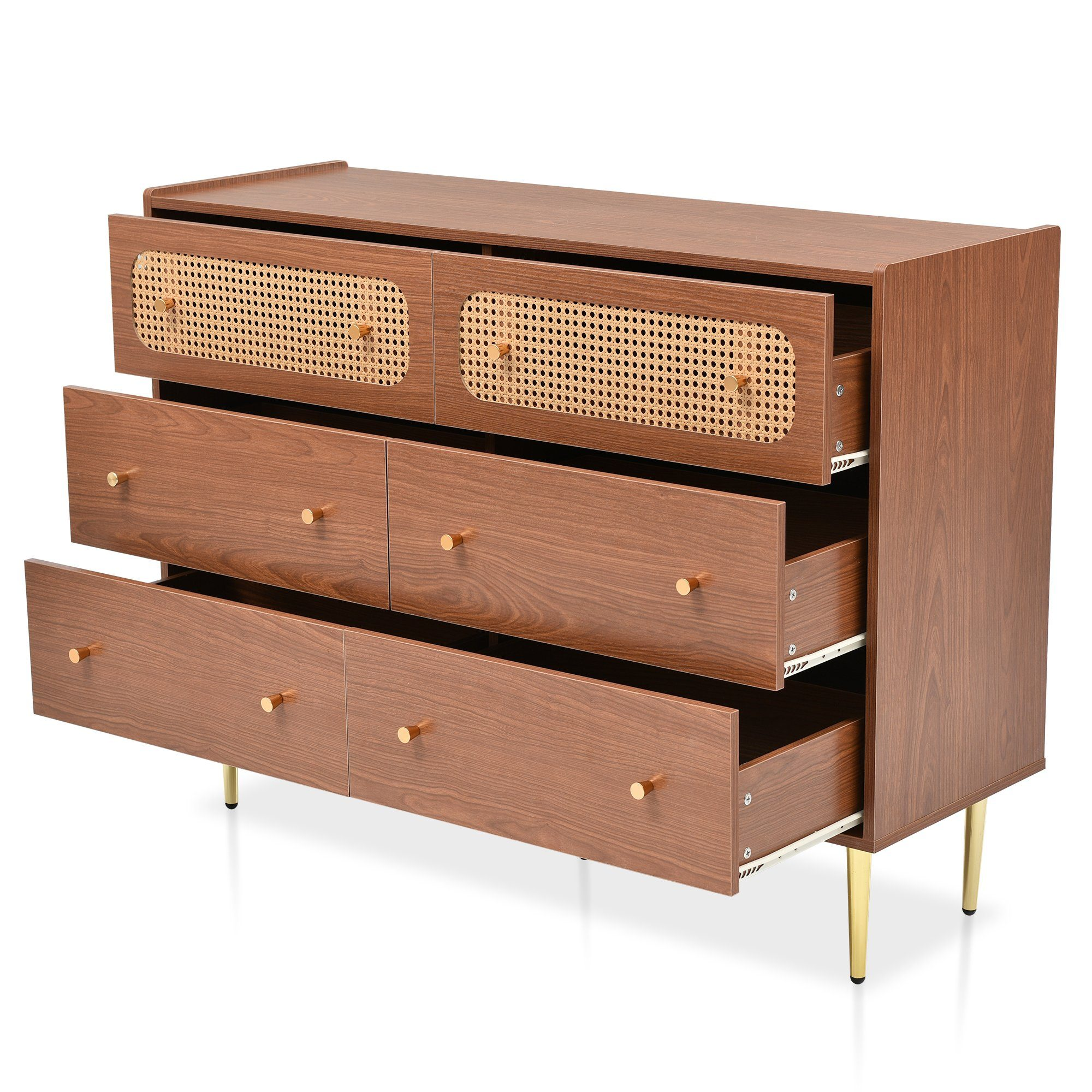 Holzkommode mit sechs Schubladen, zwei mit geflochtenen Rohrfronten, goldenen Beinen und Knöpfen.