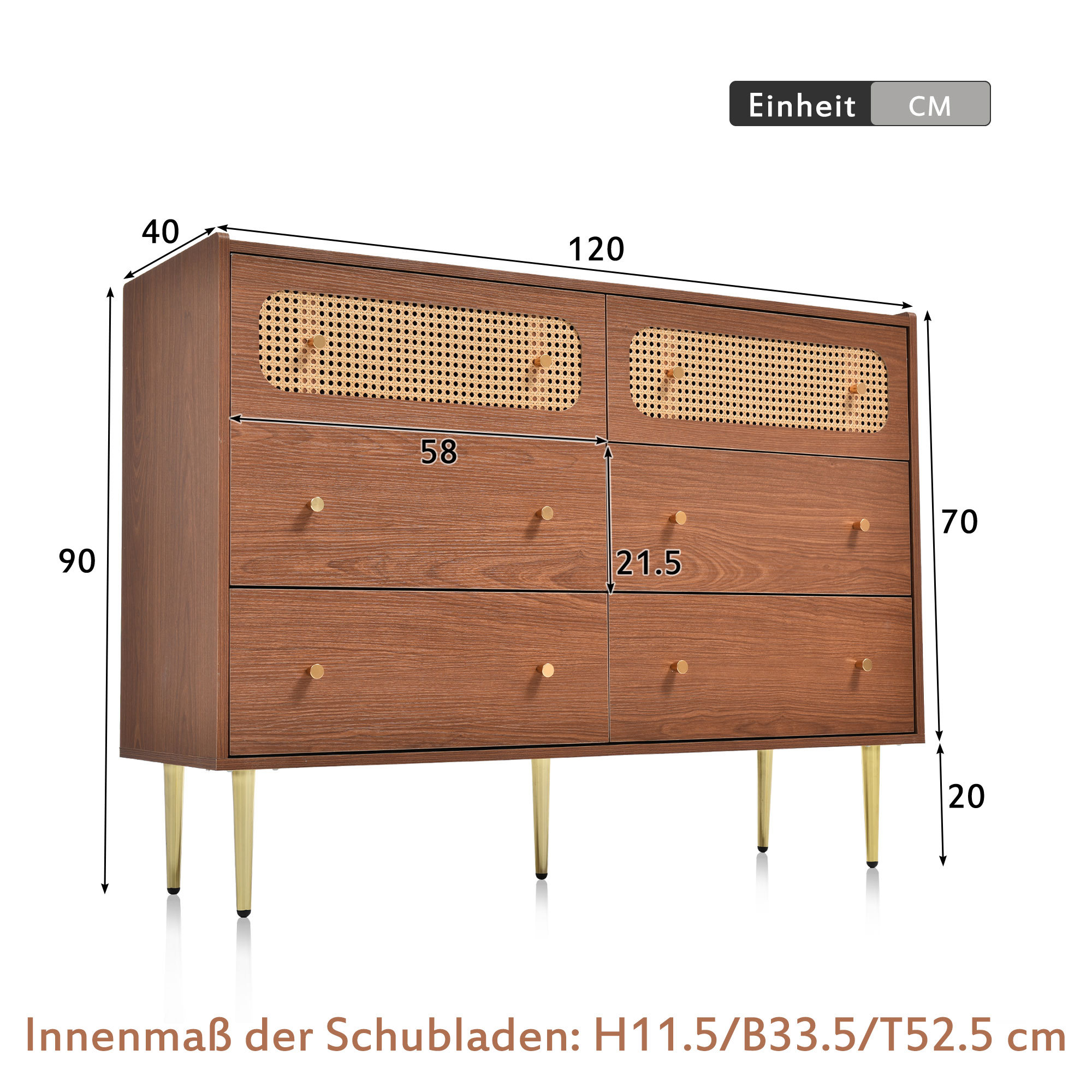 Eine Holzkommode mit sechs Schubladen. Abmessungen sind angegeben. Sie hat goldene Beine und Griffe.