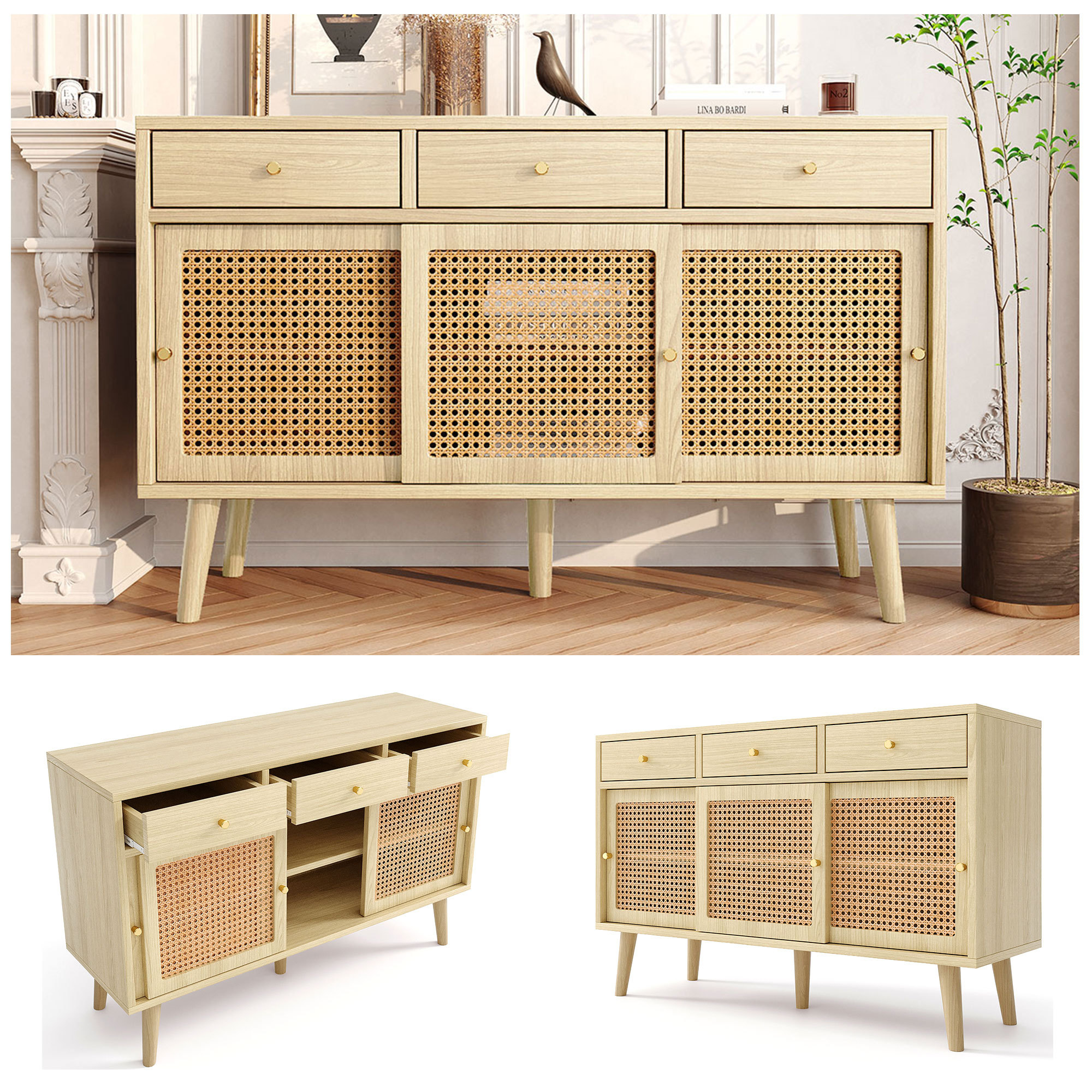 Holzschrank mit Schubladen und Schiebetüren. Rattan-Webdesign auf den Türen. Satz von drei Bildern.
