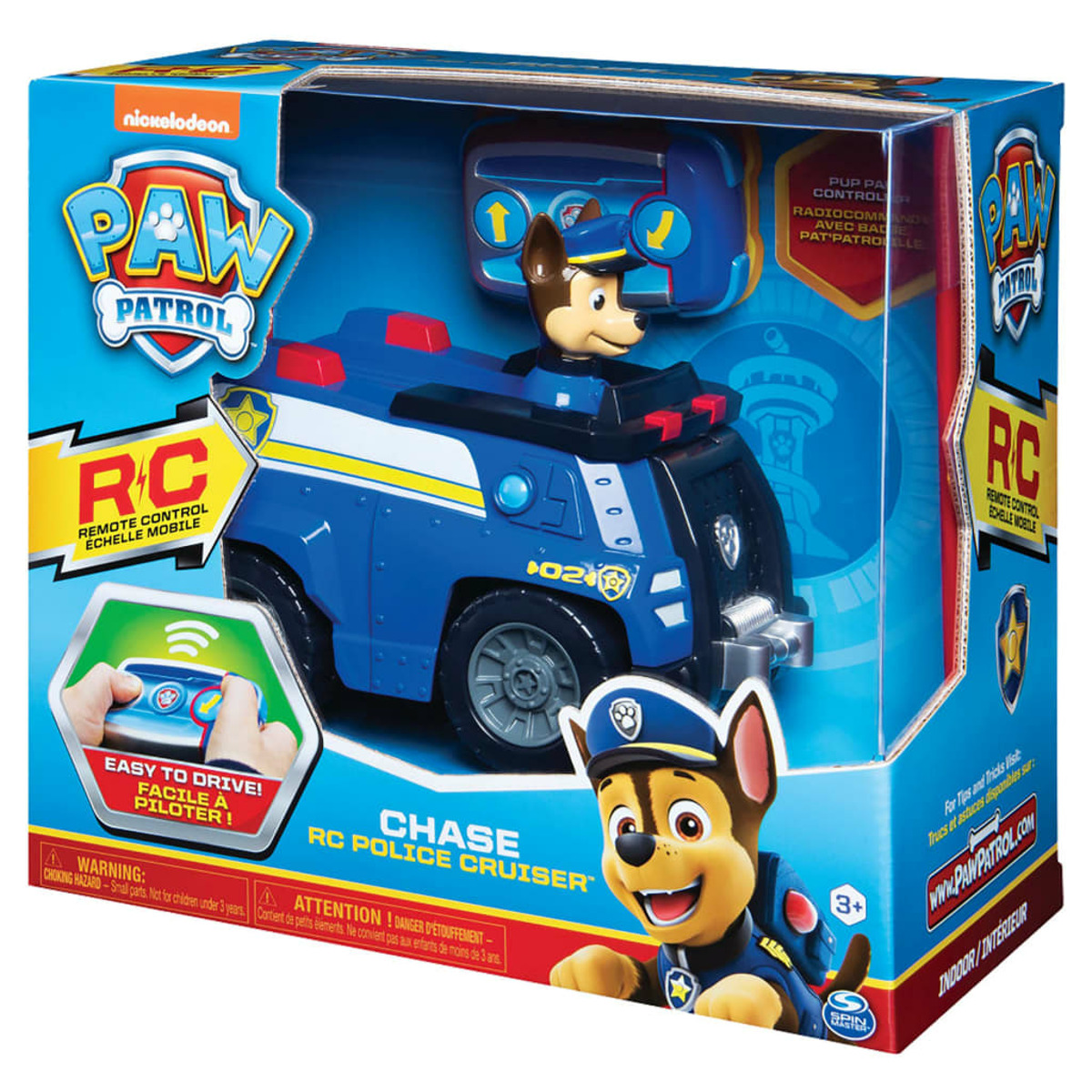 Coche patrulla policial Paw Patrol en caja. Figura de Chase en el coche. Mando a distancia.