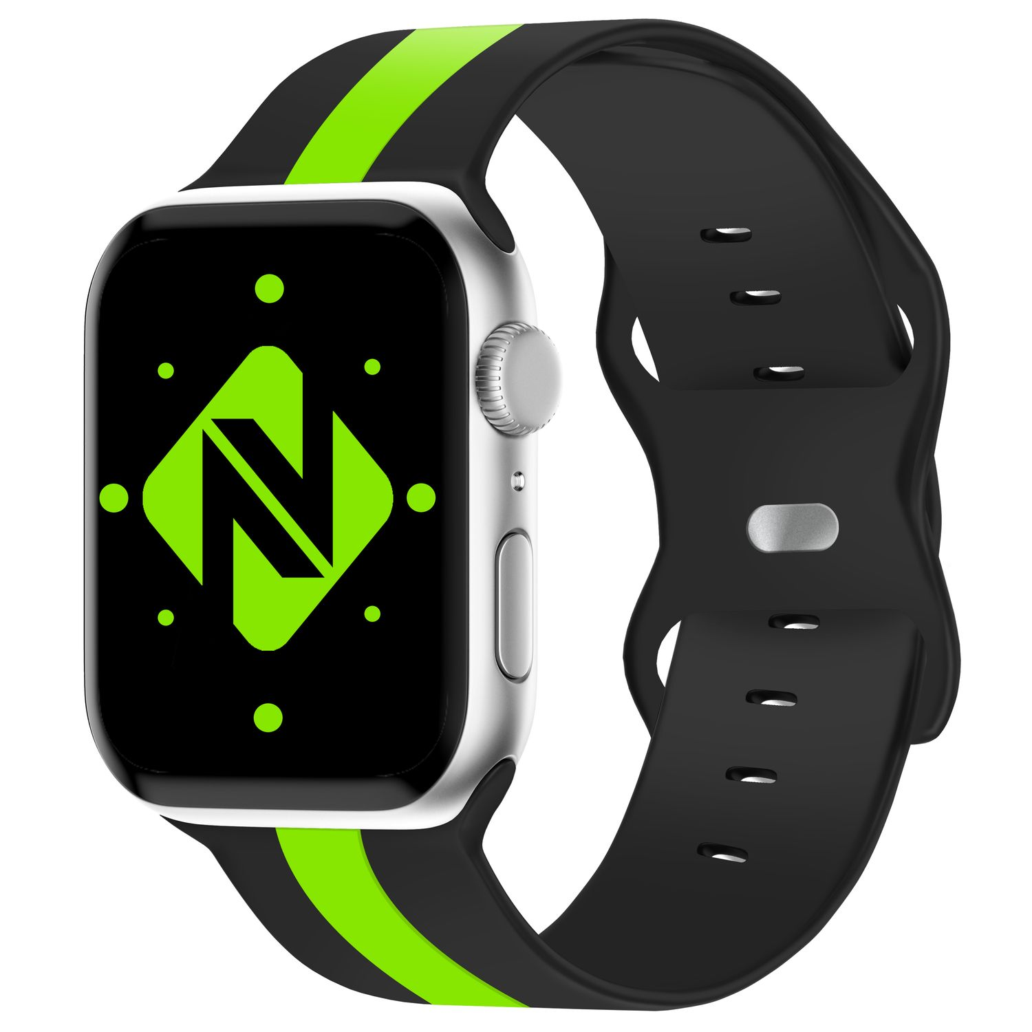 Eine silberne Smartwatch mit schwarzem Band und grünen Streifen, zeigt ein grünes Logo.