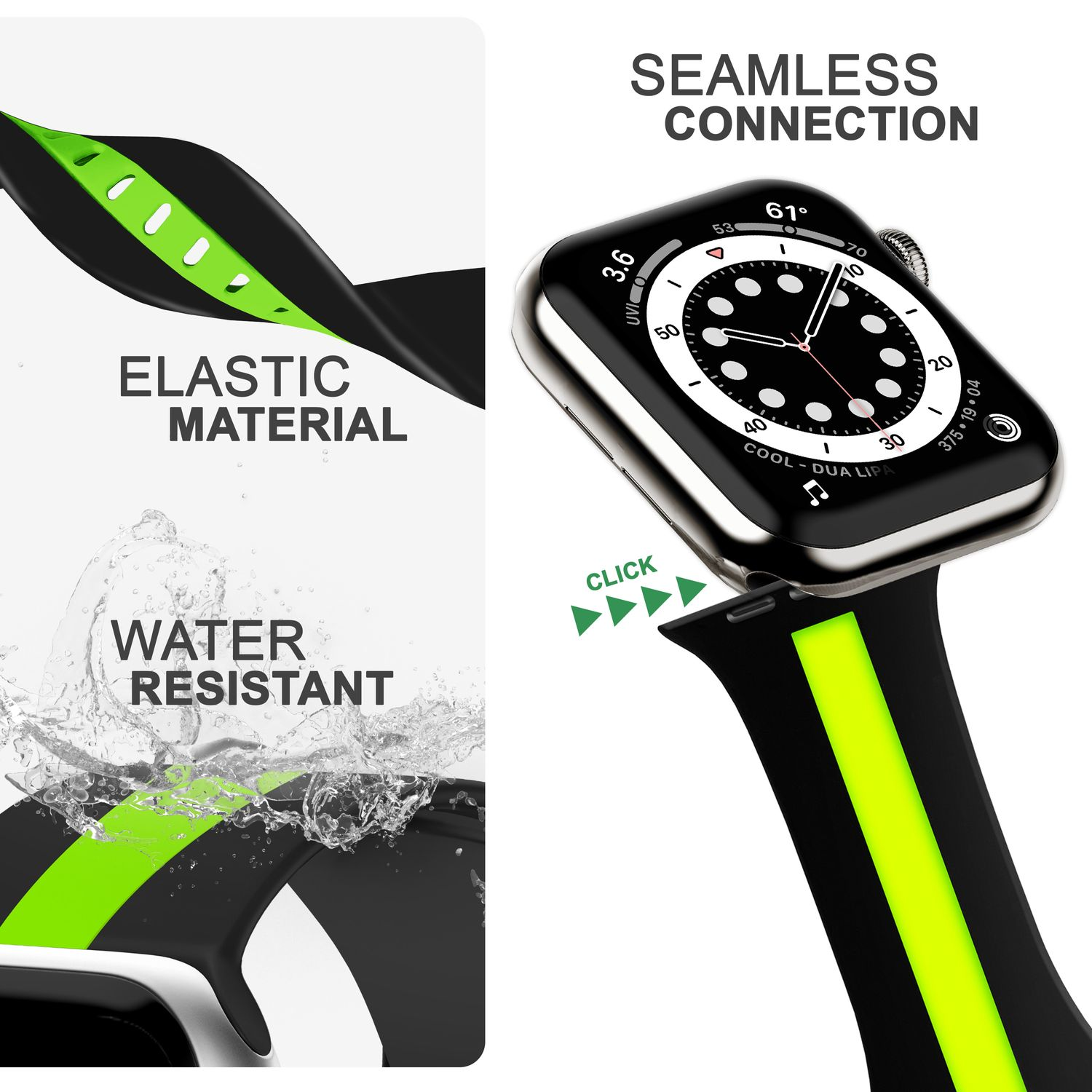 NALIA Gestreiftes Smartwatch Apple Ersatzarmband, Grün Apple, Watch Silikon 42mm/44mm/45mm/49mm, Armband, Schwarz