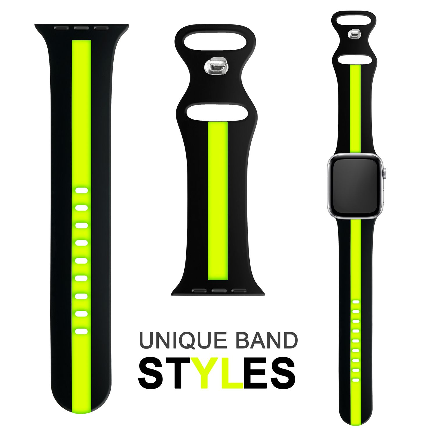 Drei Uhrenarmbänder. Schwarz mit grünem Streifen, verschiedene Stile und Formen, Text für einzigartige Bänder.