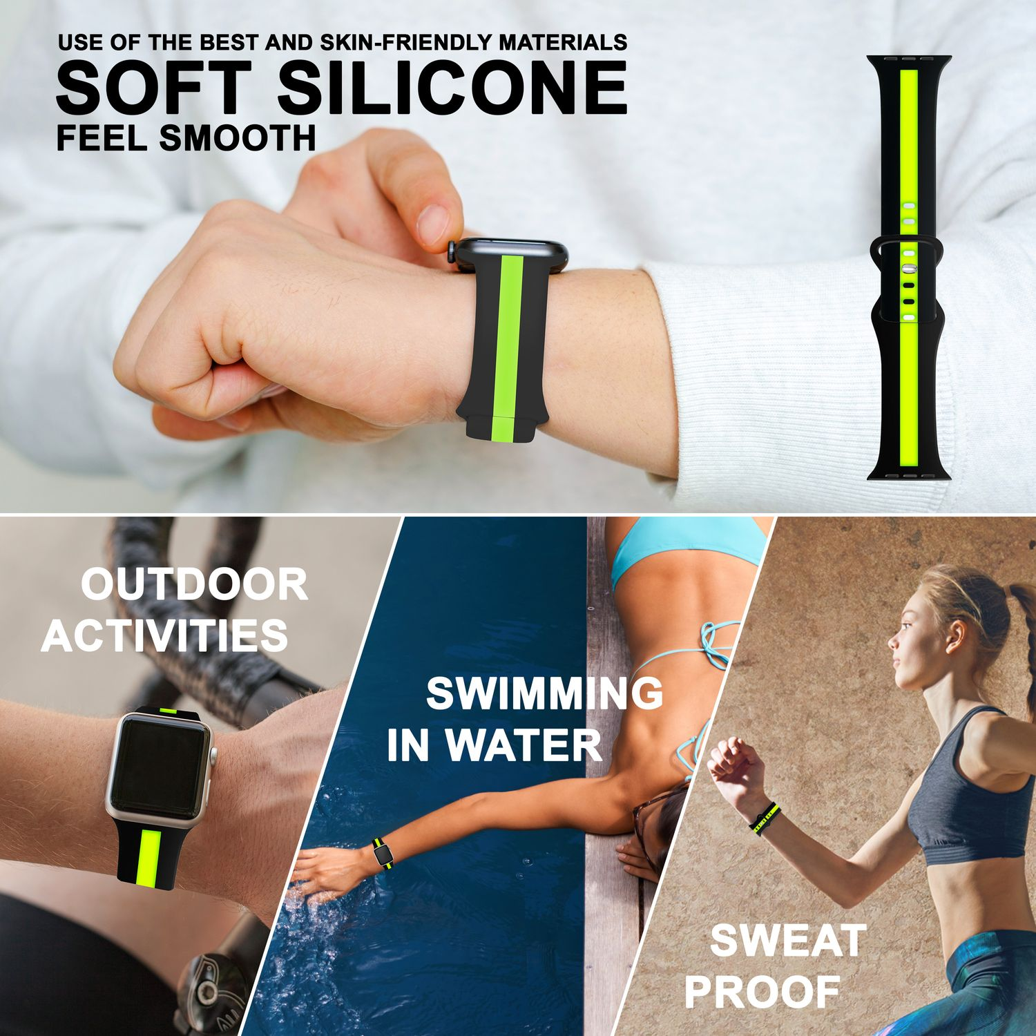 Eine Apple Watch mit schwarzem und grünem Armband, dazu die Worte 'SOFT SILICONE' und 'FEEL SMOOTH'.