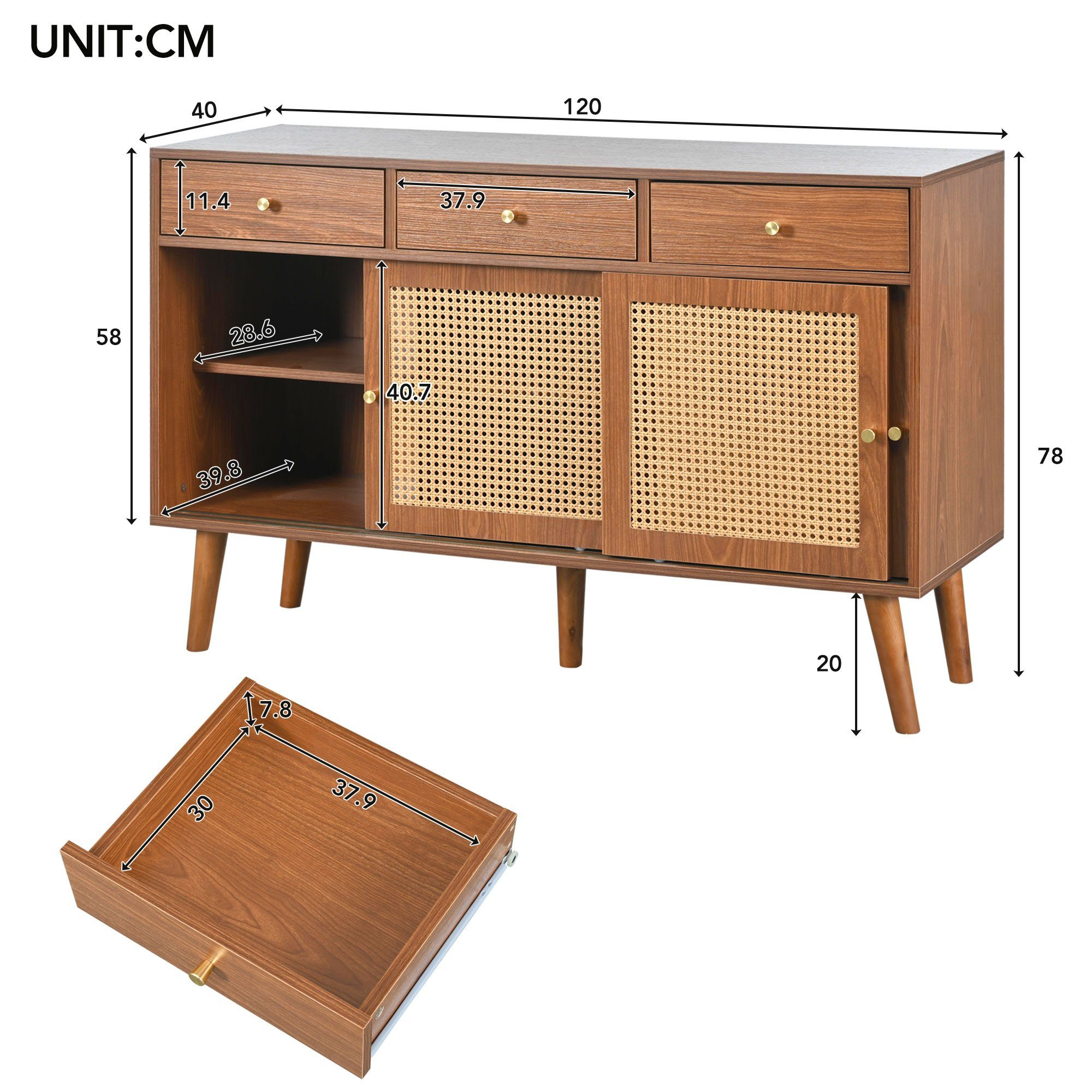 Ein Holzsideboard mit Schubladen und Tür. Abmessungen sind mit Pfeilen und Zahlen angezeigt.