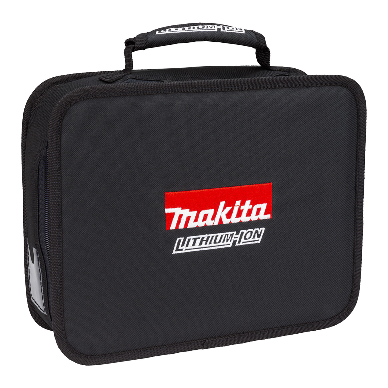 Schwarze Makita Werkzeugtasche mit rotem Logo und Griff.
