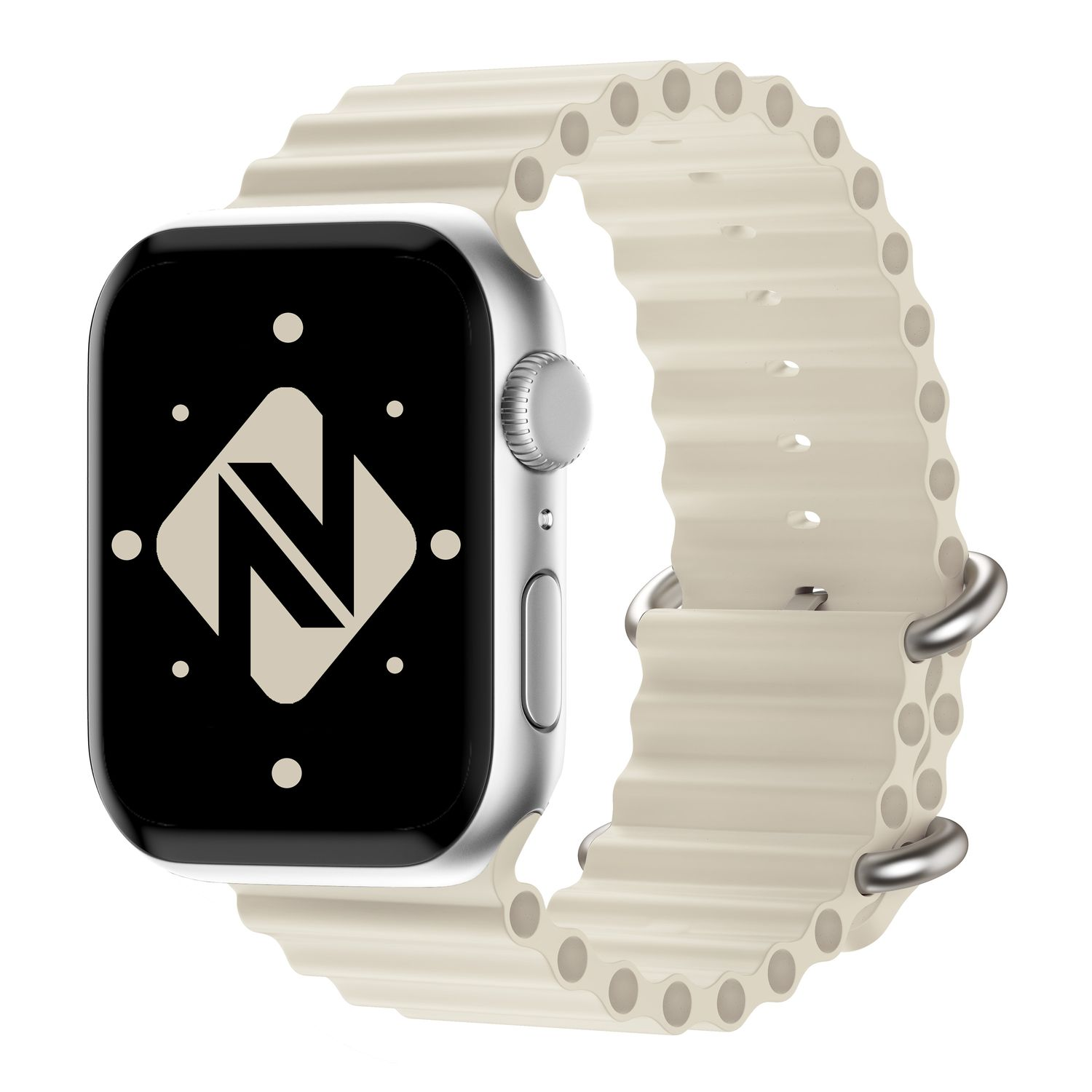 Smartwatch mit silbernem Gehäuse und cremefarbenem Band. Das Zifferblatt zeigt ein weißes 'N' auf Schwarz.