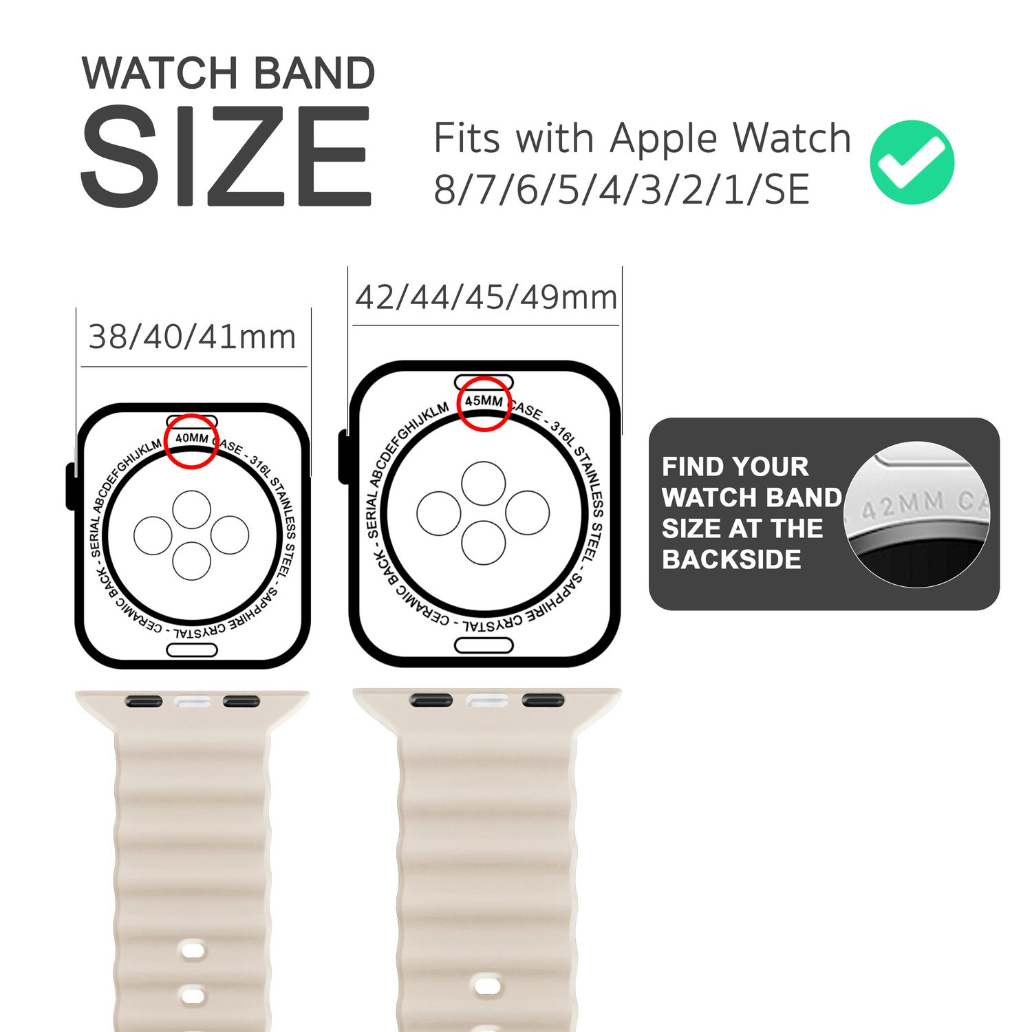 Diagramm der Apple Watch-Größen, einschließlich 38/40/41mm und 42/44/45/49mm. Beige Armbänder.