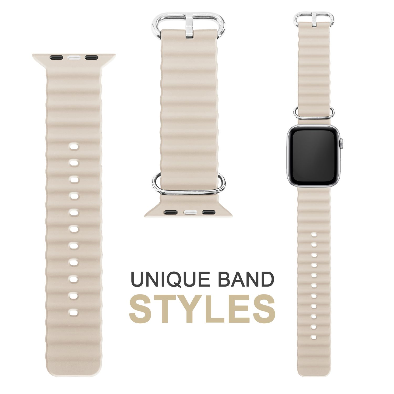 Drei beige Uhrenarmbänder: zwei Enden und eines mit Uhr, auf weißem Hintergrund.